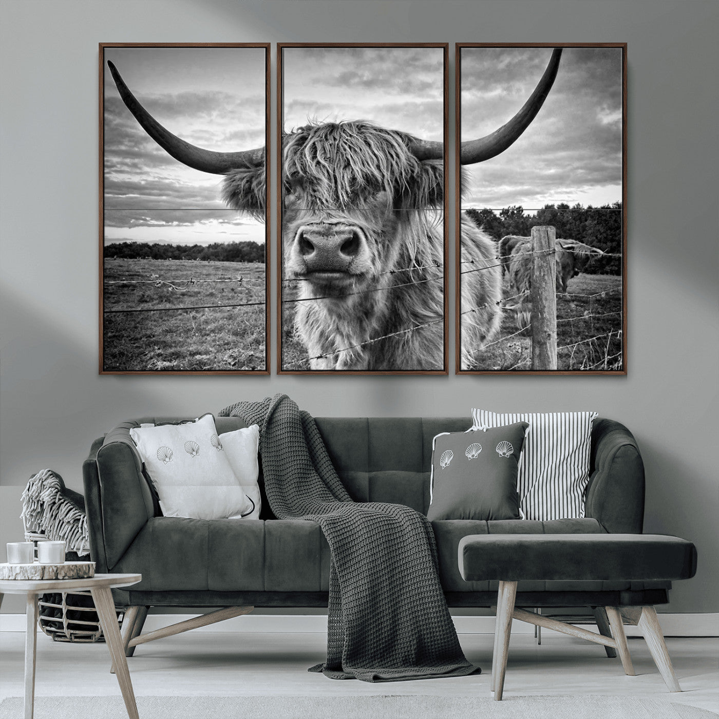 MGV-FC-48X32-3P - Scottish Highland Cow Wall Art Canvas Print | Ready to Hang and Framed | Rustic Farmhouse Decor