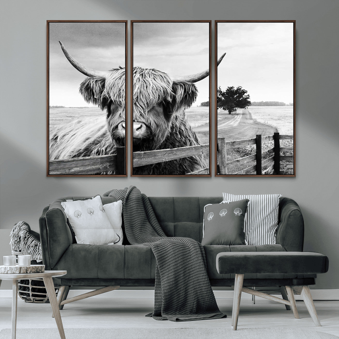 MGV-FC-48X32-3P - Scottish Highland Cow Wall Art | Rustic Farmhouse Décor | Black and White Ready to Hang Canvas Print