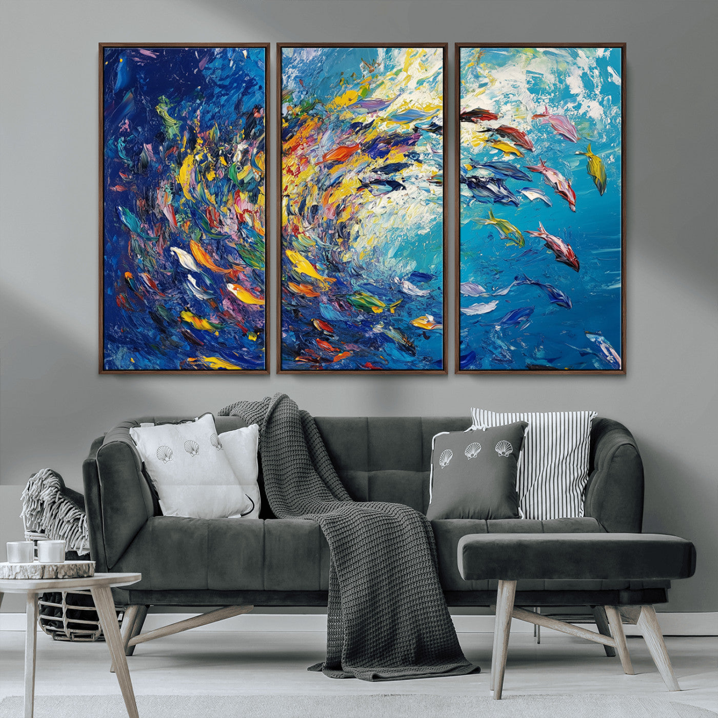 MGV-FC-48X32-3P - Colorful Swirling Fish School Wall Art Canvas Print | Oceanic Abstract Painting | Ready to Hang |