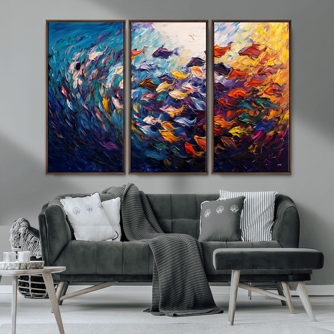 MGV-FC-48X32-3P - Vibrant Abstract Fish Swarm Art – Colorful Fish Inspired 3-Piece Canvas Wall Art for Living Room or