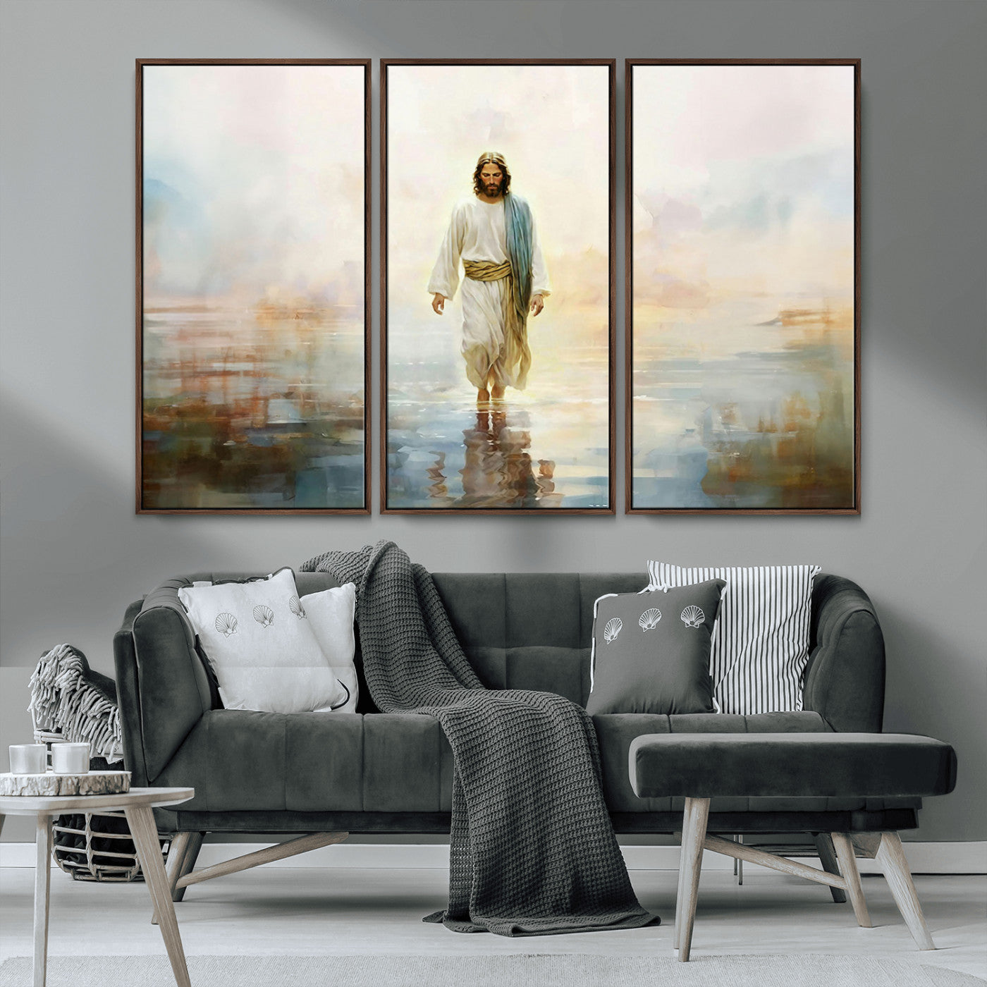 MGV-FC-48X32-3P - Framed Jesus Walking on Water Wall Art - 3-Panel Christian Canvas Prints, Religious Artwork for