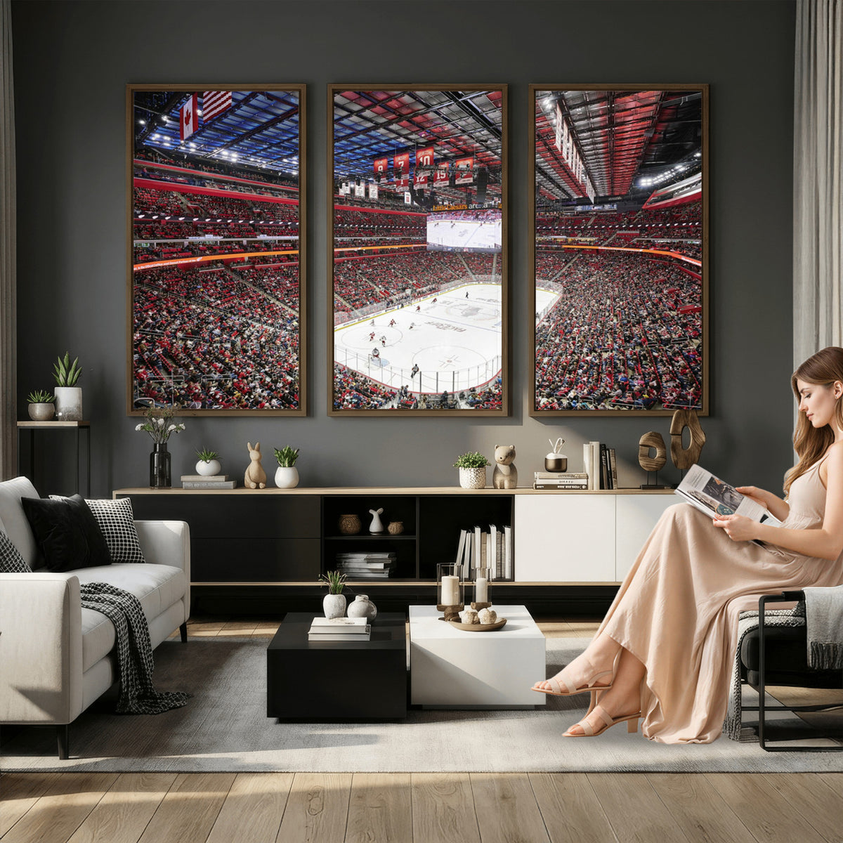 62263-MGV-CV-36X24 - Barton Malow Little Caesars Arena Detroit Wall Art Canvas Print - Detroit Hockey and Basketball