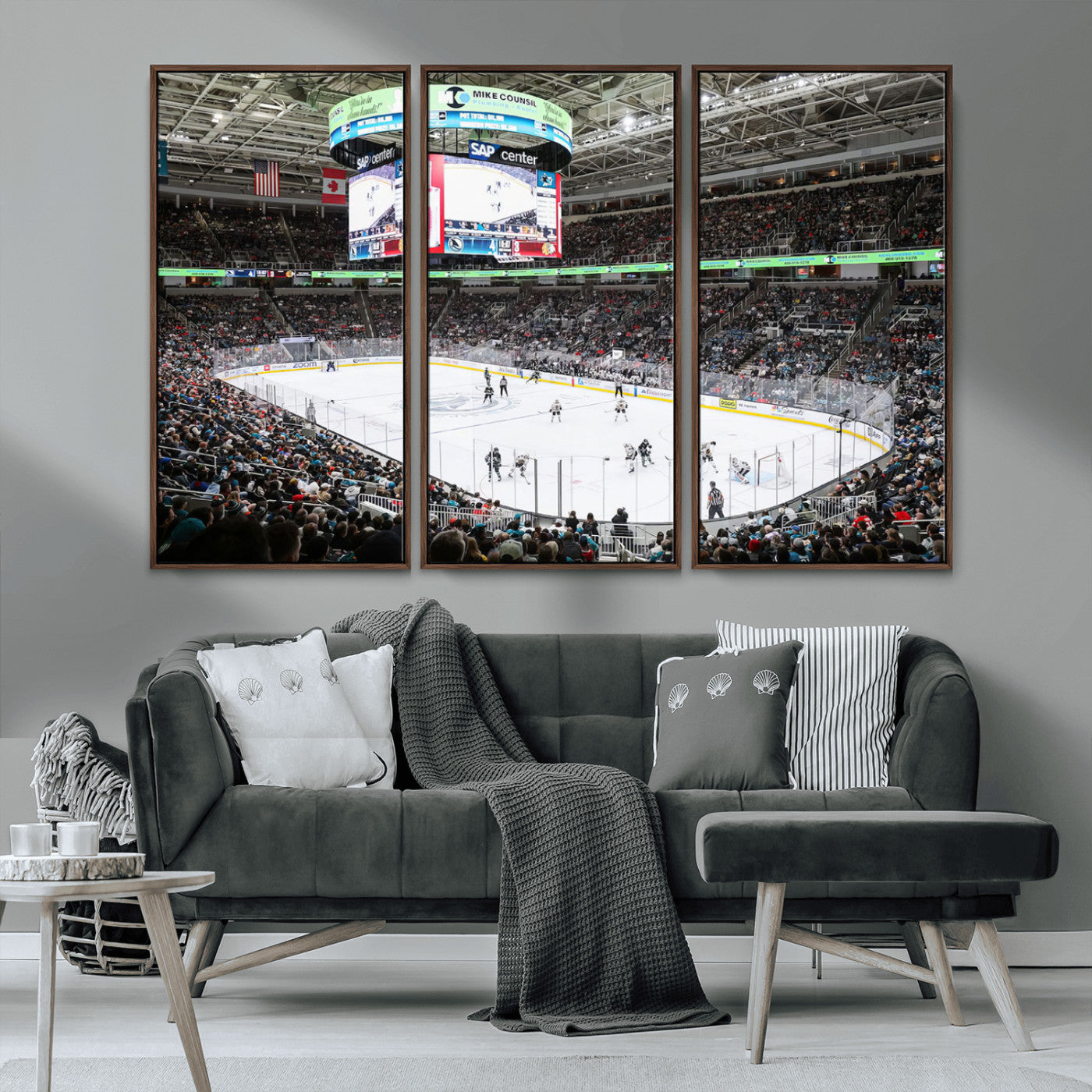 MGV-FC-48X32-3P - Sharks Arena Blackhawks Sharks Ice Hockey Stadium Wall Art Canvas Print, Framed Blackhawks Sharks