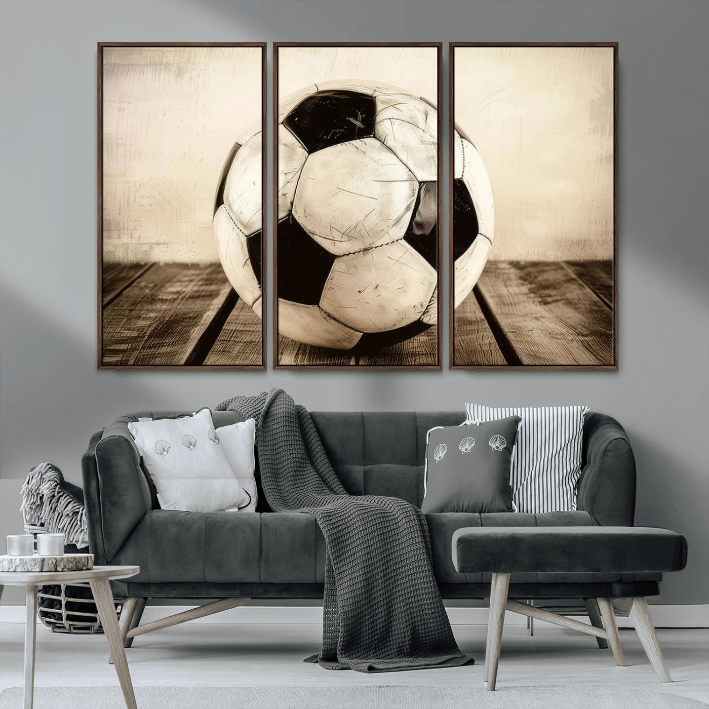 MGV-FC-48X32-3P - Vintage Soccer Ball Wall Decor Canvas Art – 3-Panel Soccer Wall Decor, Framed and Ready to Hang