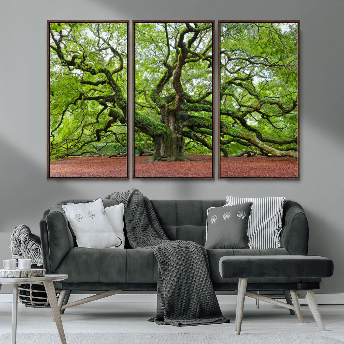 MGV-FC-48X32-3P - Framed Angel Oak Tree Wall Art - 3-Panel Canvas Prints, Large Green Nature Artwork, Ready to Hang