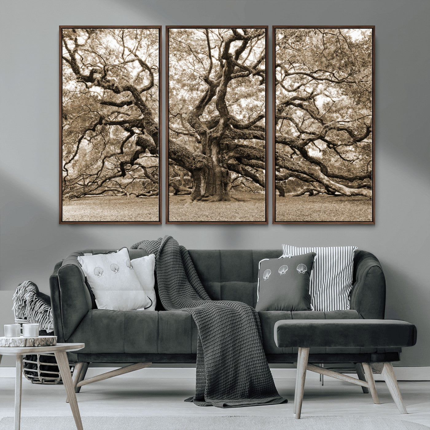 51126-MGV-CV-36X24-Sepia Framed Angel Oak Tree Wall Art - 3-Panel Canvas Prints, Large Green Nature Artwork, Ready to