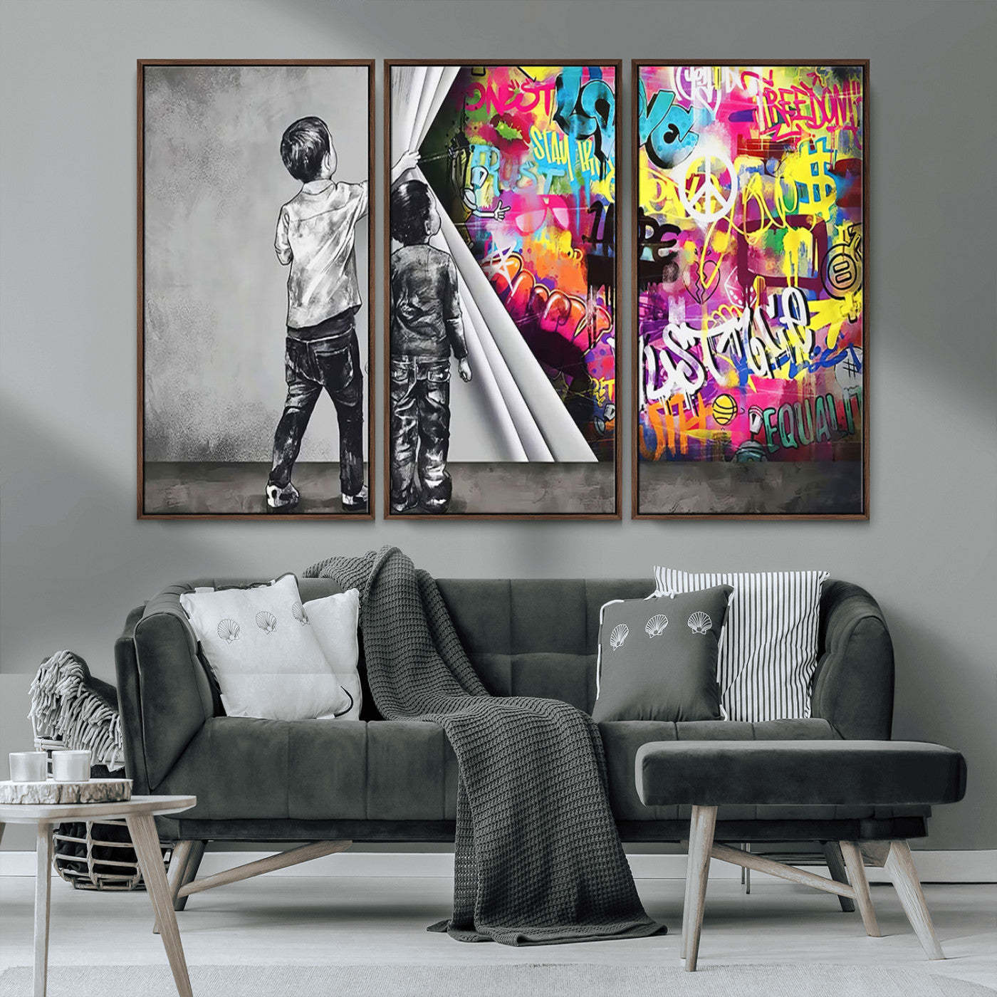 MGV-FC-48X32-3P - Banksy Print - Street Art Canvas Wall Art - Kids Revealing Graffiti, Urban Modern Decor for Living