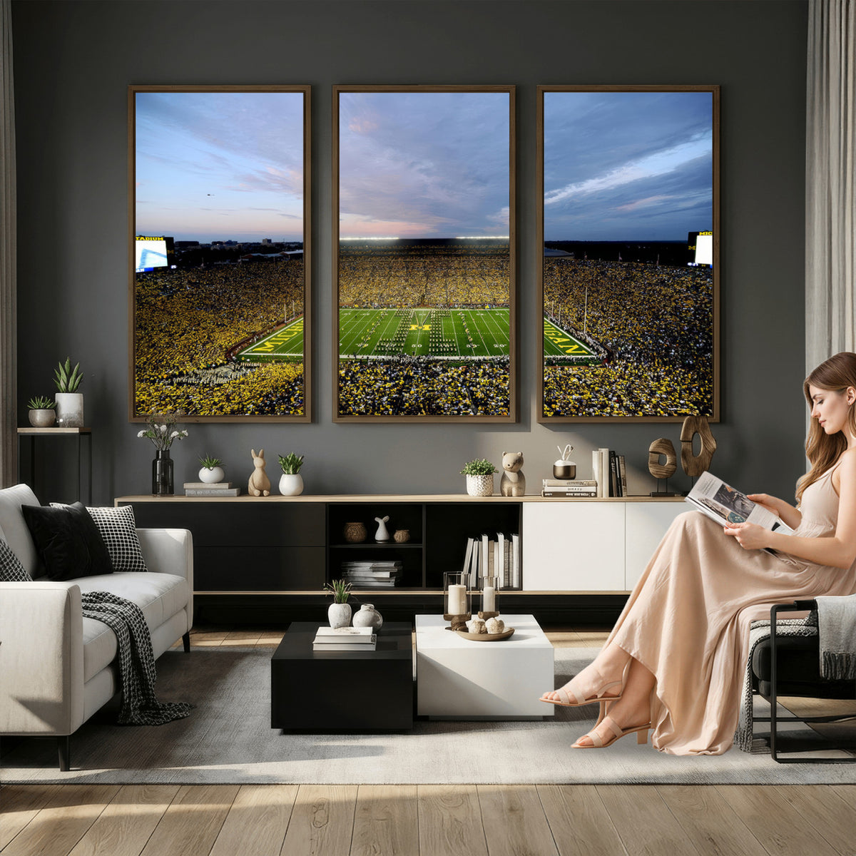 82641-MGV-CV-36X24 - Michigan Stadium Wall Art Canvas Print – Framed Football Field Scene with Marching Band Artwork for Home, Office