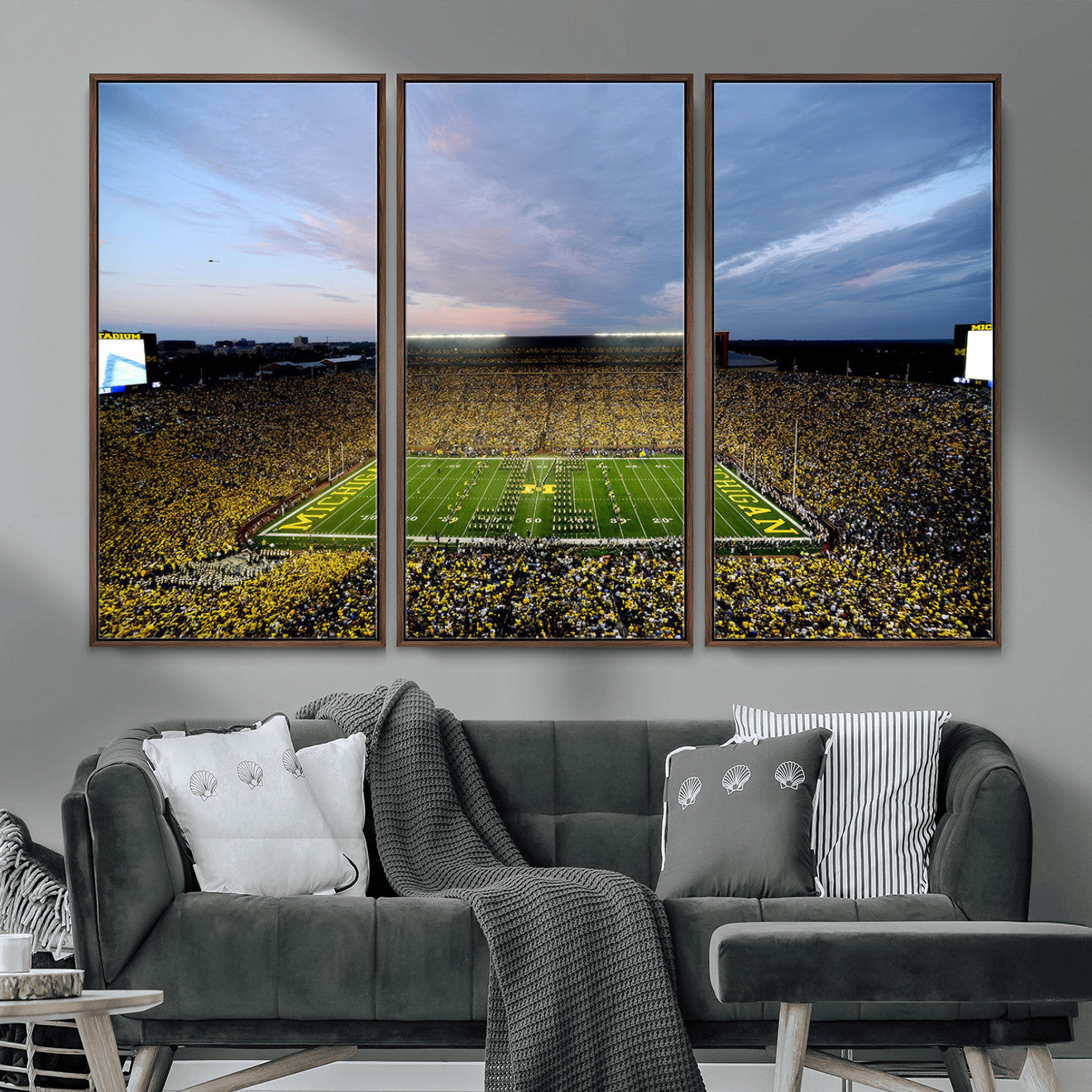 82641-MGV-FC-48X32-3P - Michigan Stadium Wall Art Canvas Print, Vibrant Game Day Crowd and Sunset Sky Football Field Artwork for Home, Office