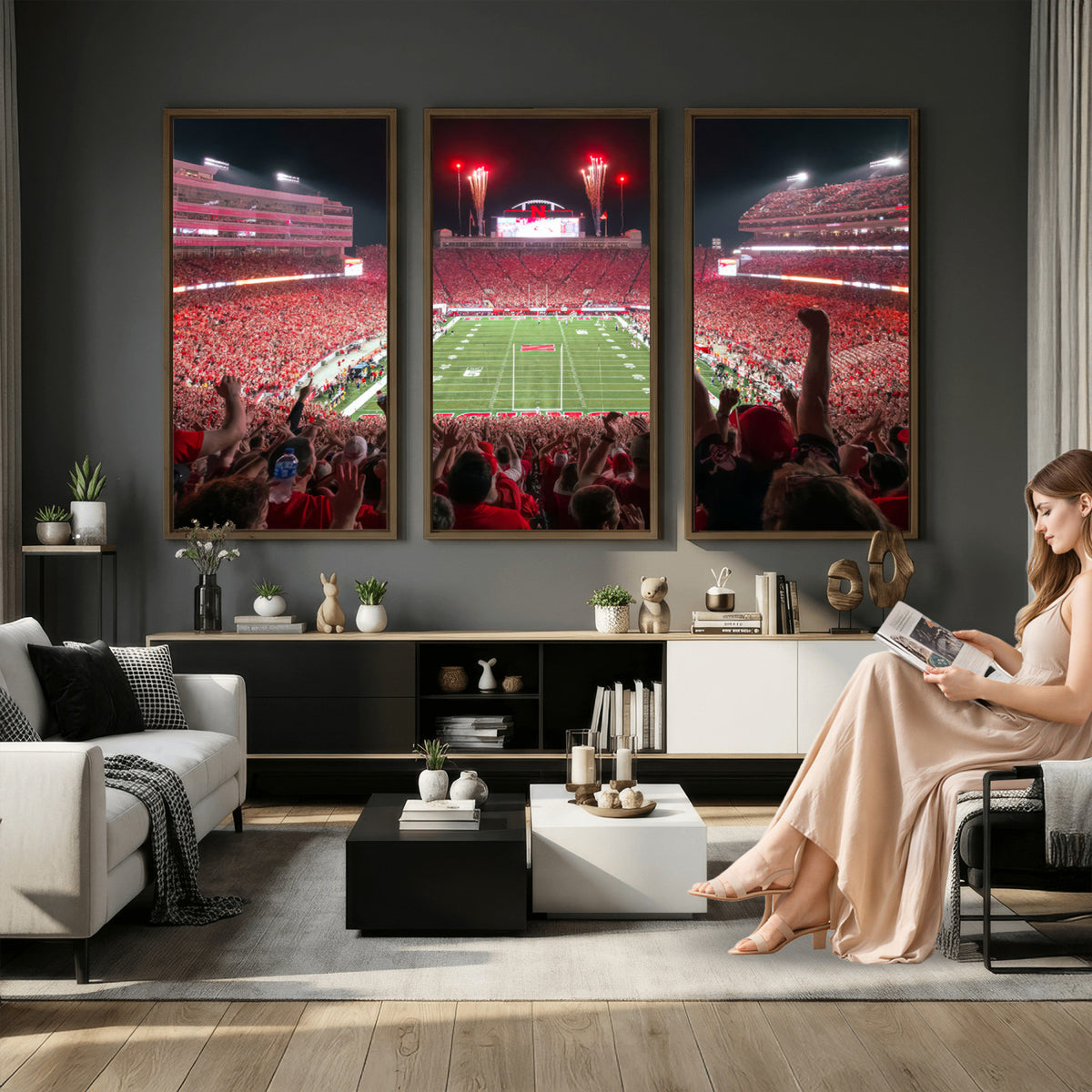 43351-MGV-CV-36X24 - University of Nebraska Cornhuskers Football Team Print - Lincoln Memorial Stadium Wall Art Canvas
