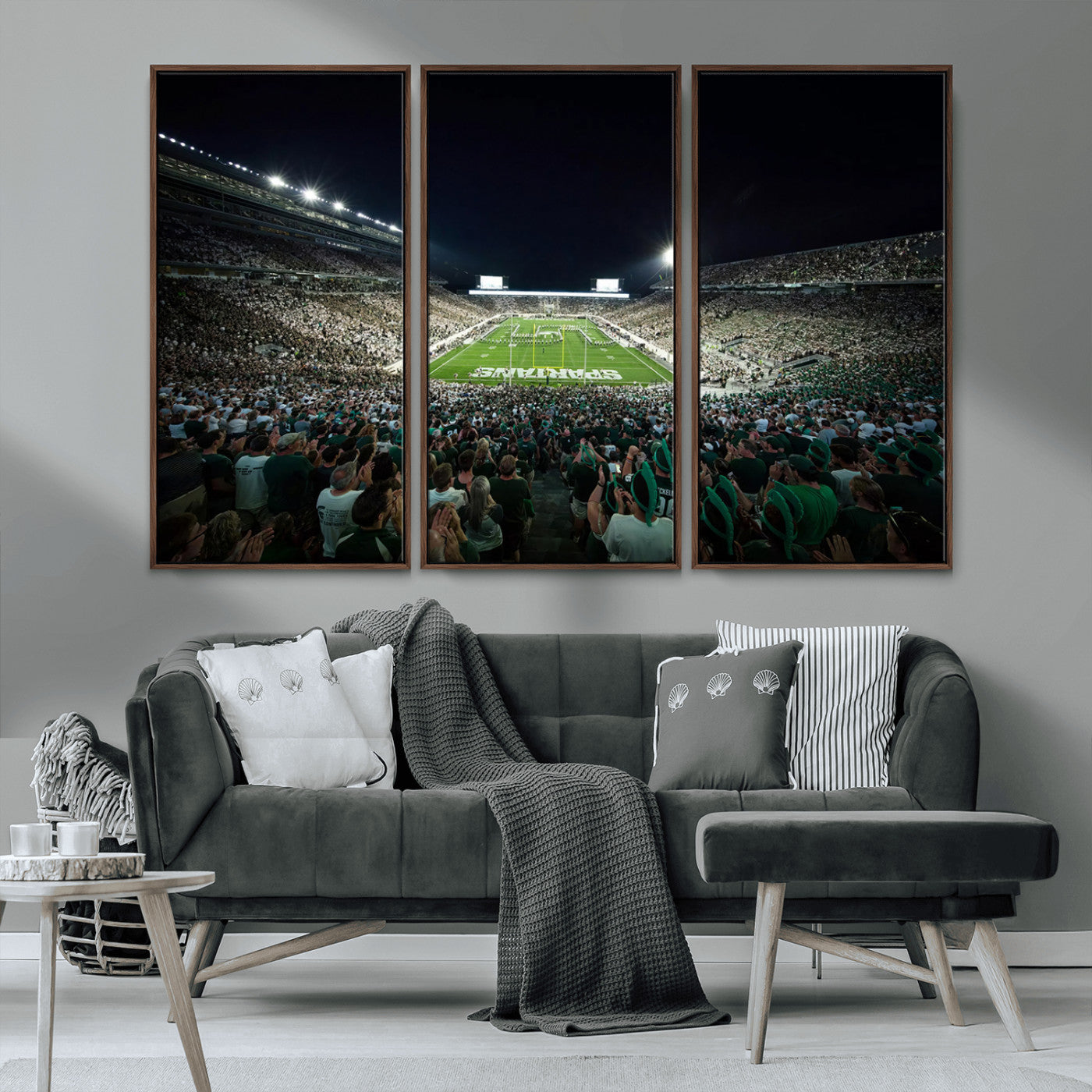 MGV-FC-48X32-3P - Framed Michigan State Spartans Football Team Print - East Lansing Spartan Stadium Wall Art Canvas