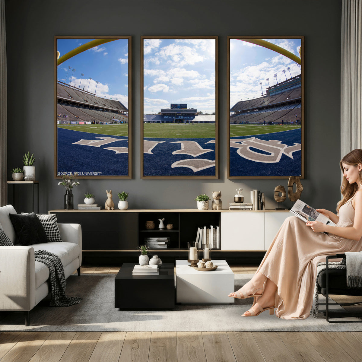 50267-MGV-CV-36X24 - Rice University Owls Football Team Print, Houston Rice Stadium, Framed and Ready to Hang