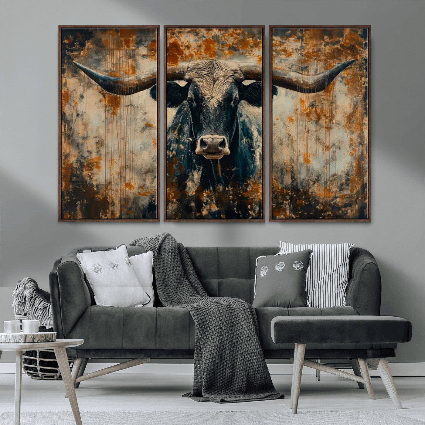 MGV-FC-48X32-3P - Abstract Longhorn Bull Wall Art | Rustic Western Wall Decor | Framed and Ready to Hang | Ideal for