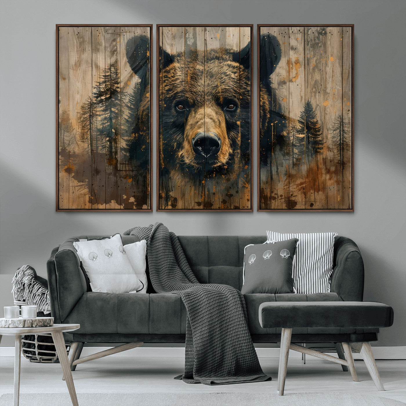 MGV-FC-48X32-3P - Abstract 399 Bear Wall Art | Rustic Cabin Wall Decor with Forest Design | Framed and Ready to Hang |