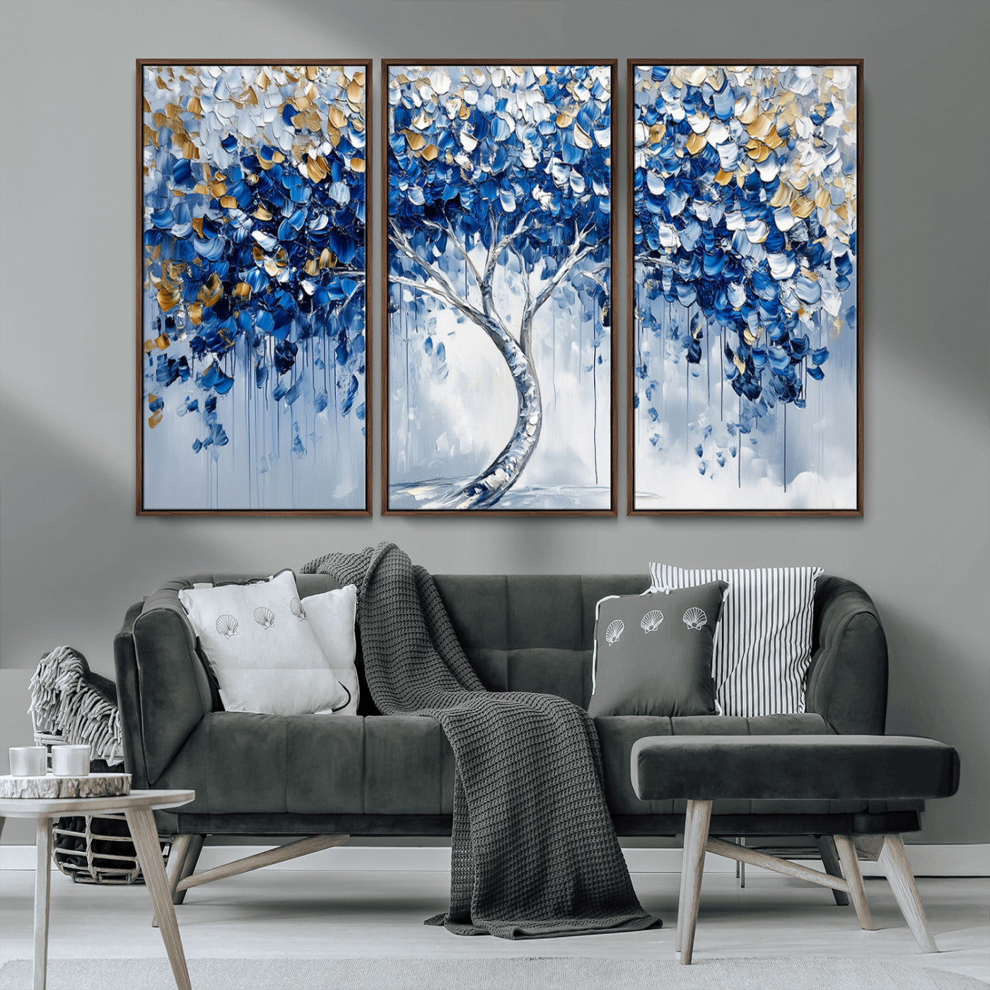 MGV-FC-48X32-3P - Blue and Gold Abstract Tree Wall Art Canvas Print | Modern Tree of Life Painting | Framed Canvas