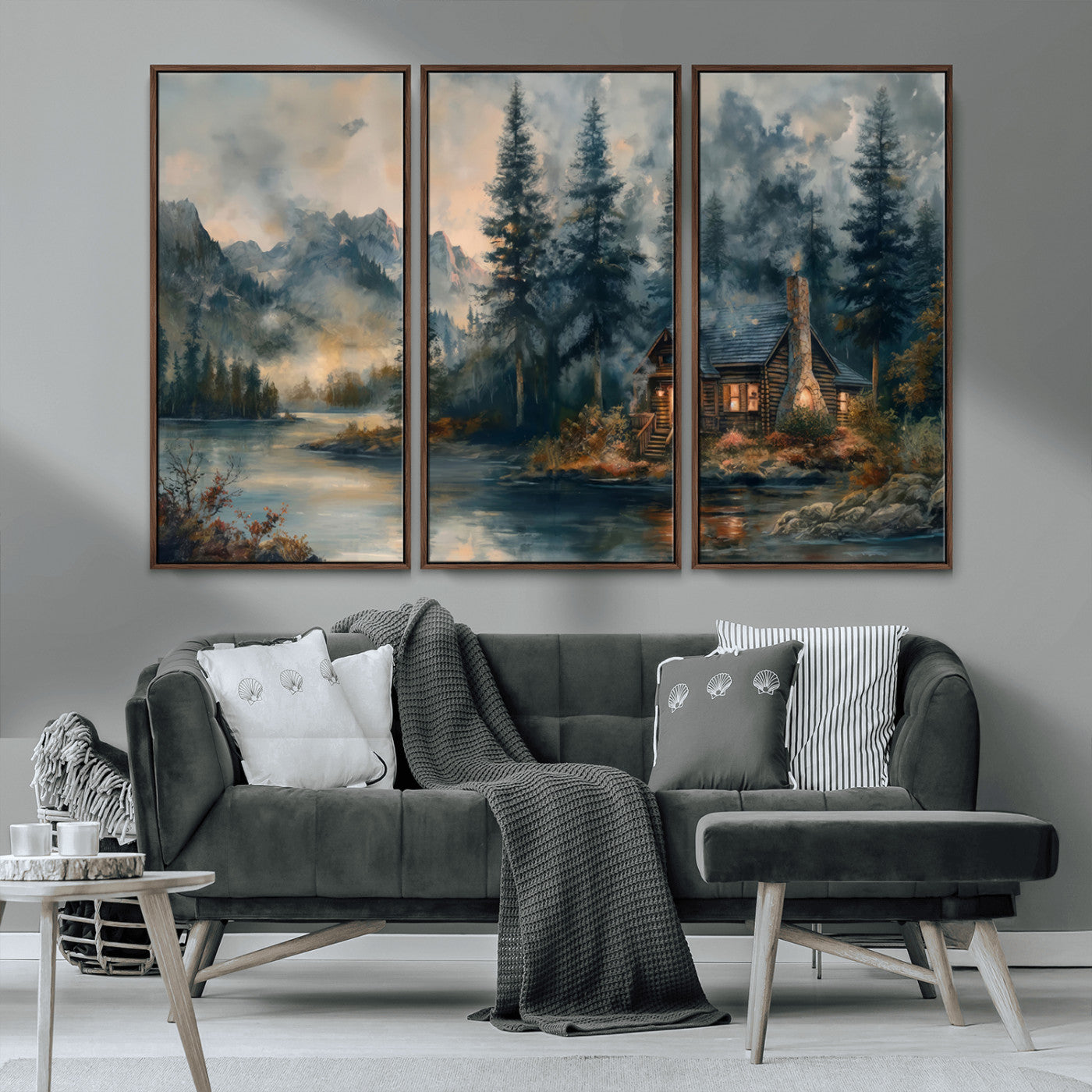 MGV-FC-48X32-3P - Rustic Cabin Woods Wall Art Print | Lake in a Forest Canvas Print | Cabin, Lodge, and Farmhouse