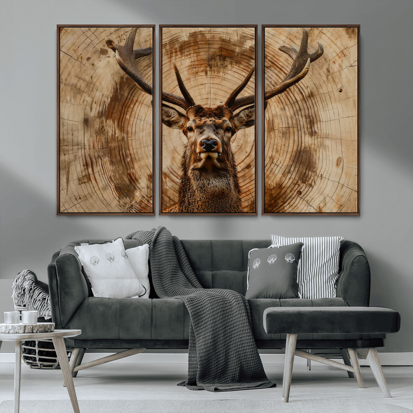 MGV-FC-48X32-3P - Wood Abstract Deer Wall Art | Rustic Wildlife Canvas Print | Ready to Hang Stag Head Triptych for
