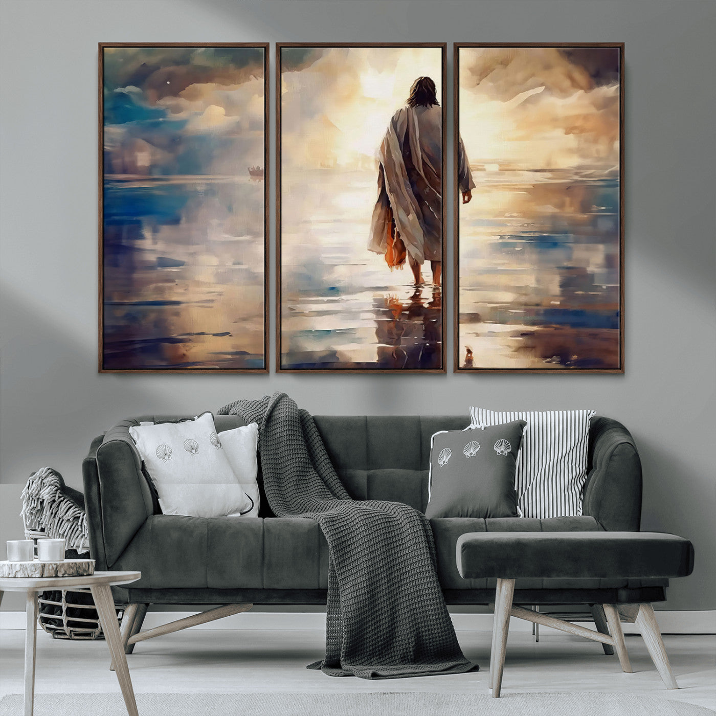 MGV-FC-48X32-3P - Jesus Walking on Water Wall Art | Ready to Hang Spiritual Triptych Canvas Print | Inspirational