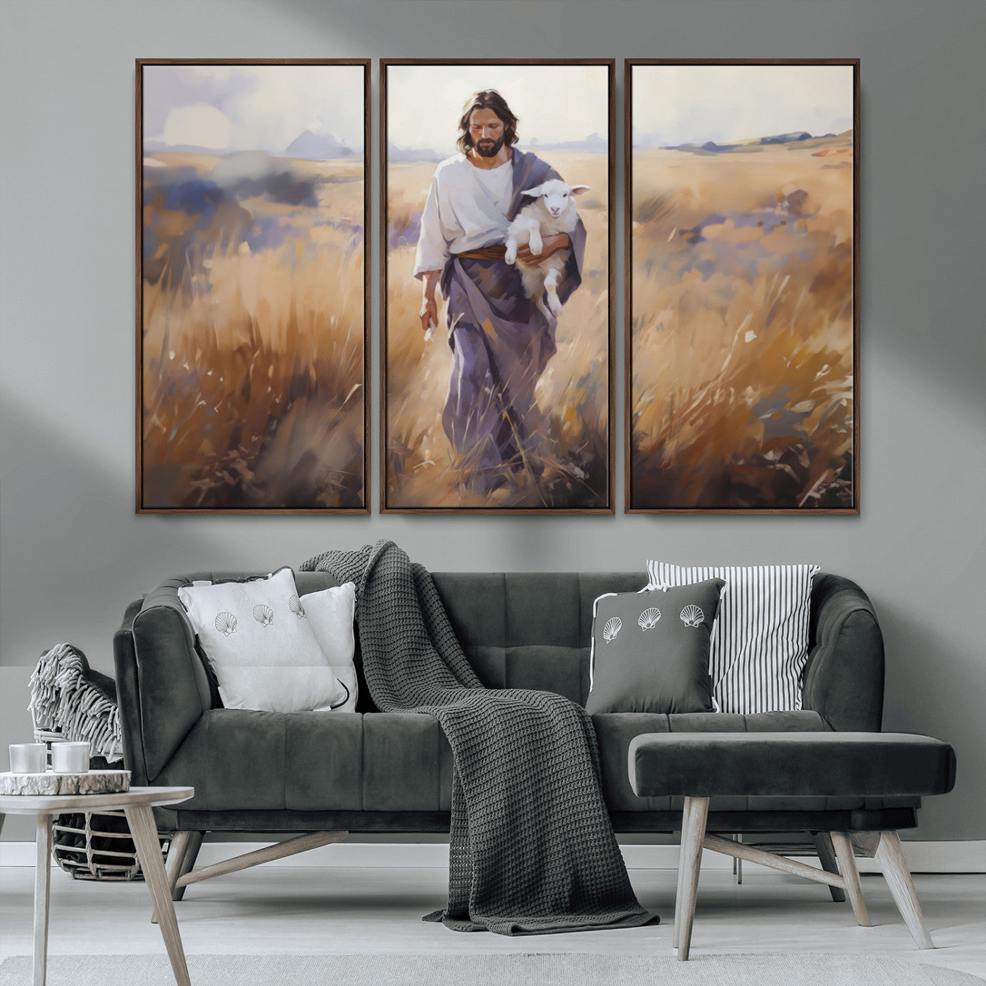 MGV-FC-48X32-3P - Jesus the Good Shepherd Wall Art Canvas Print - Lost Lamb Print for Prayer Room Decor