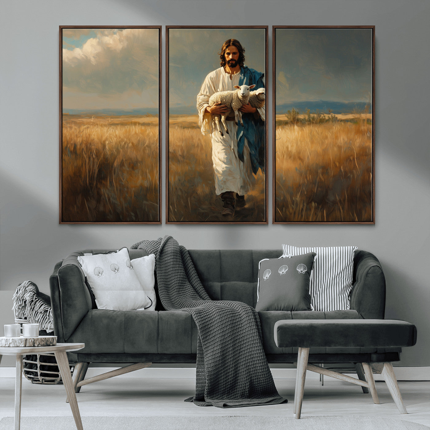 MGV-FC-48X32-3P - Jesus Shepherd Wall Art | Ready to Hang Triptych Canvas of Jesus Holding a Lamb in a Field |
