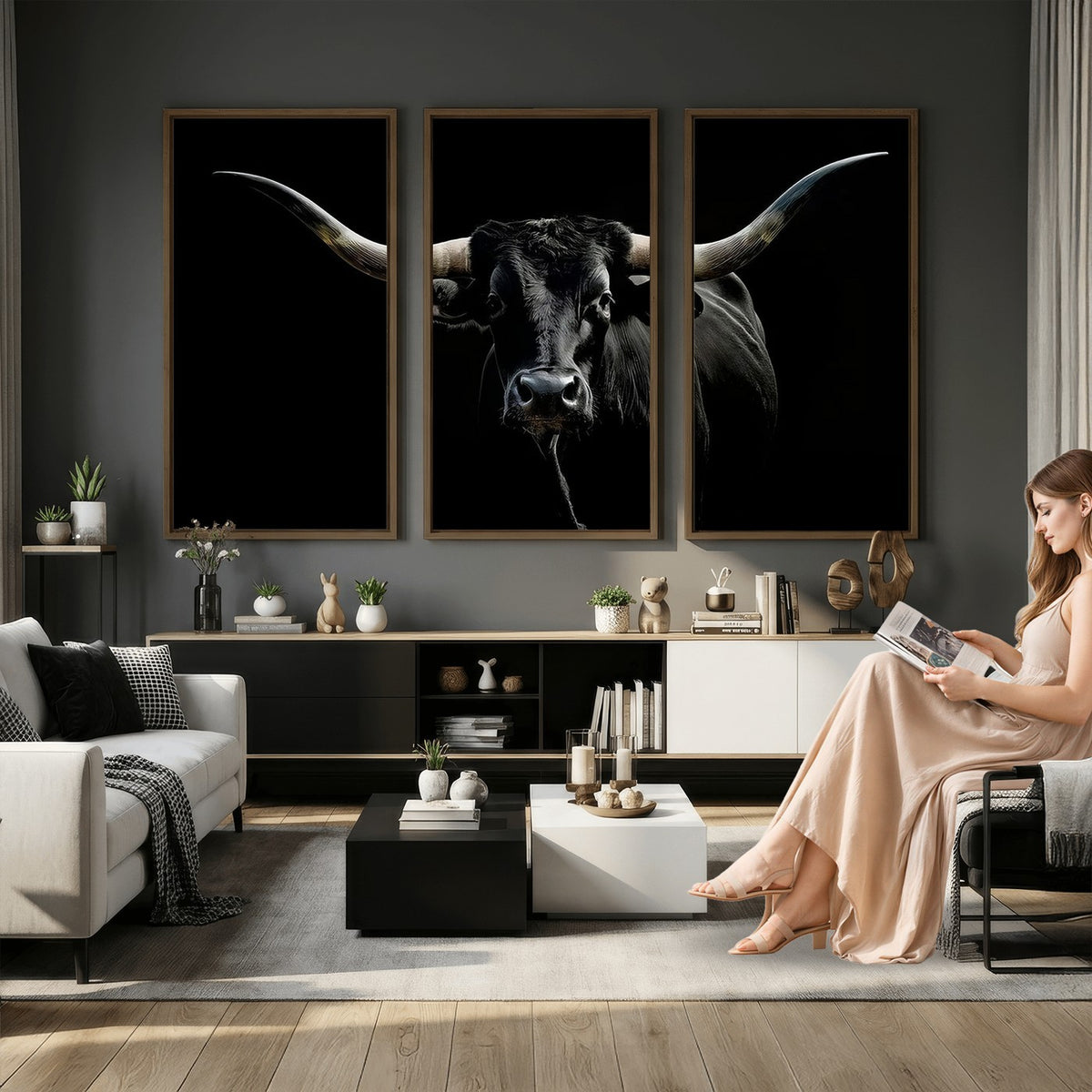 20679-MGV-CV-24X16 - Texas Black Longhorn Bull Wall Art Canvas Print, Western Cattle Rustic Decor