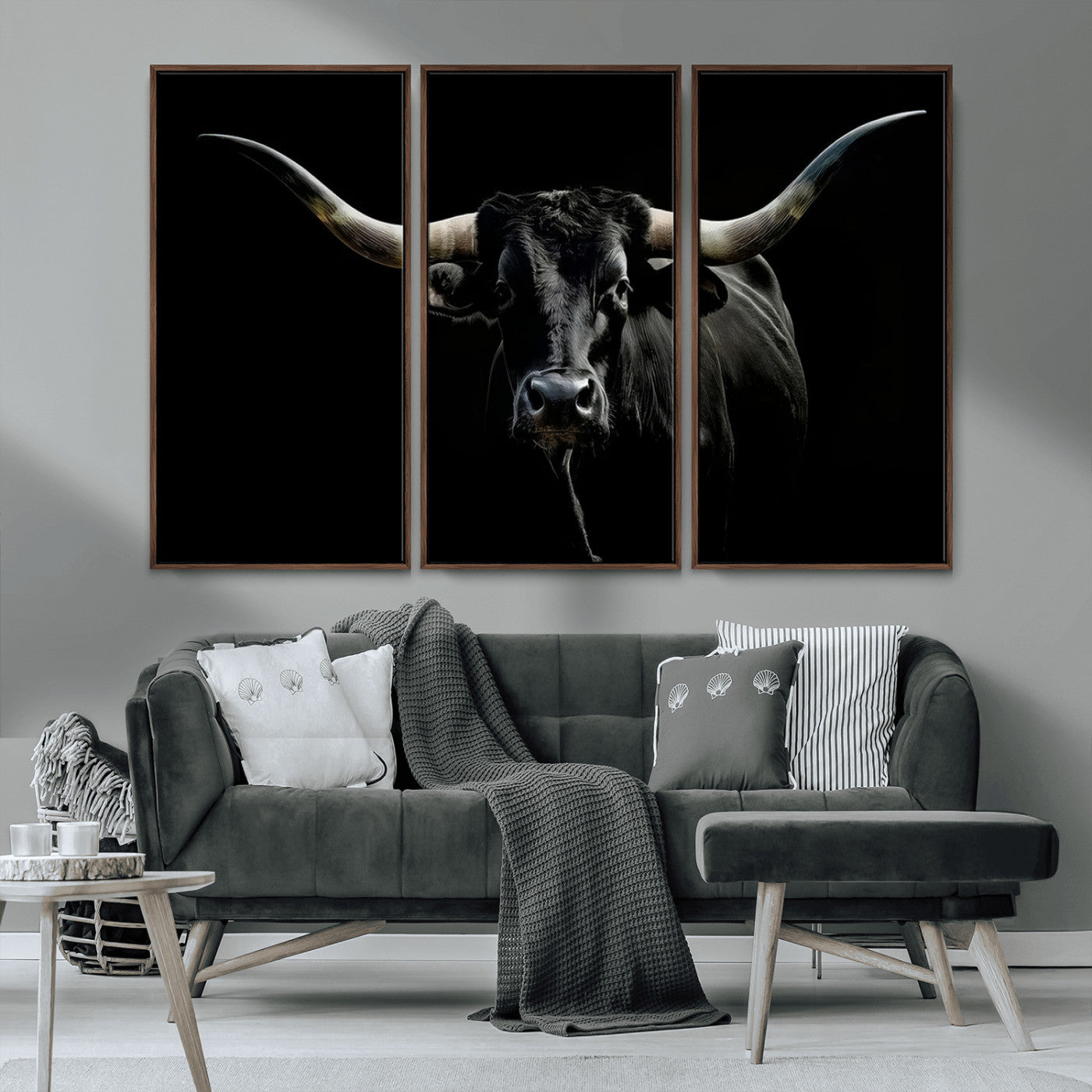 MGV-FC-48X32-3P - Texas Black Longhorn Bull Wall Art Canvas Print - Western Texas Cattle Rustic Decor Print - Longhorn