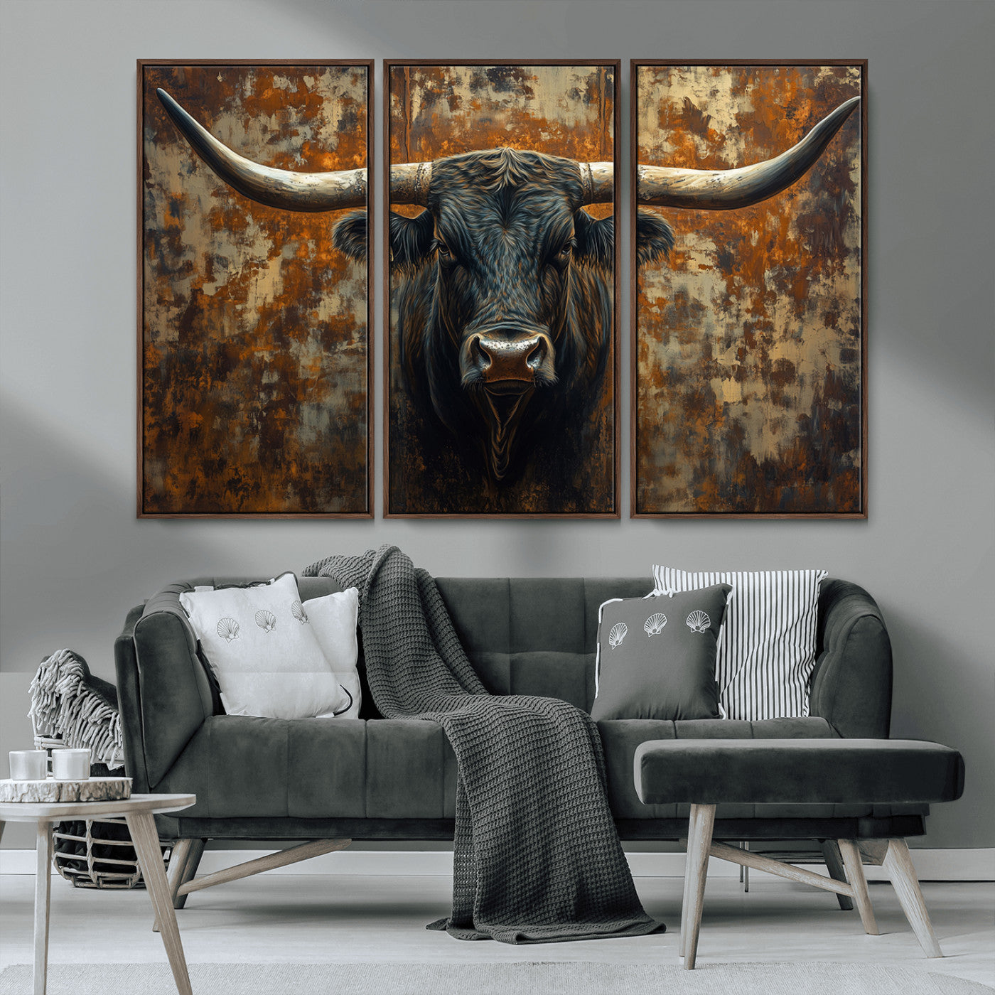 MGV-FC-48X32-3P - Longhorn Texas Cow Bull Wall Art | Rustic Farmhouse Canvas Print | Ready to Hang Barn Decor for