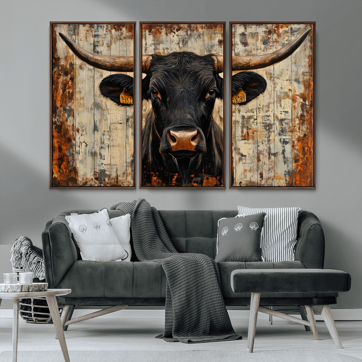 MGV-FC-48X32-3P - Rustic Texas Artwork Wall Art Canvas Print - Abstract Cow Longhorn Bull Wall Art Canvas Print