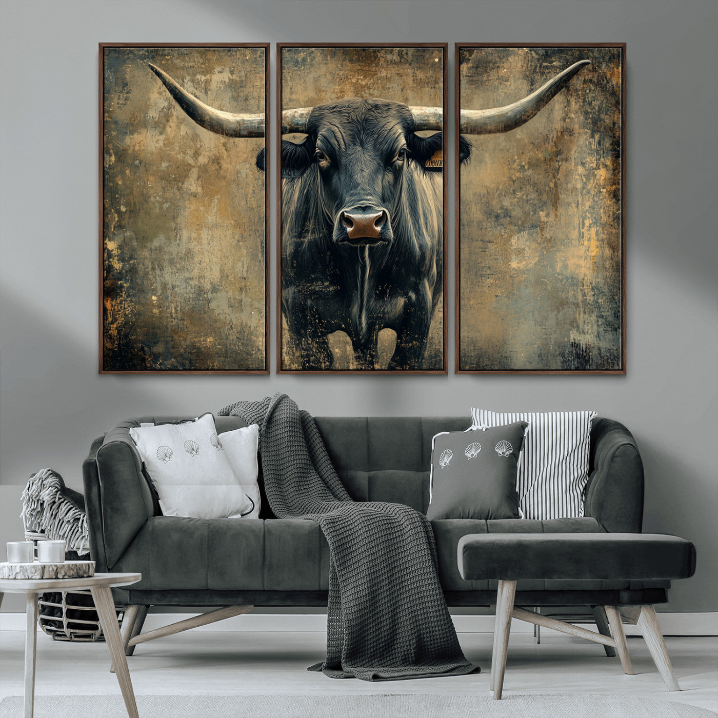 MGV-FC-48X32-3P - Longhorn Bull Wall Art Canvas Print, Framed Rustic Cow Art Picture Print, Texas Longhorn Perfect Western Decor Artwork