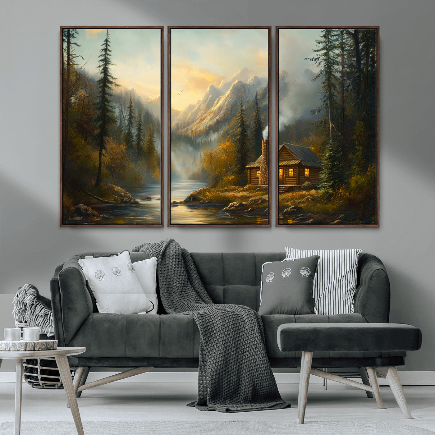 MGV-FC-48X32-3P - Wood Cabin Retreat Mountain at Sunset Wall Art Print - Serene Forest and River Landscape Wall Art