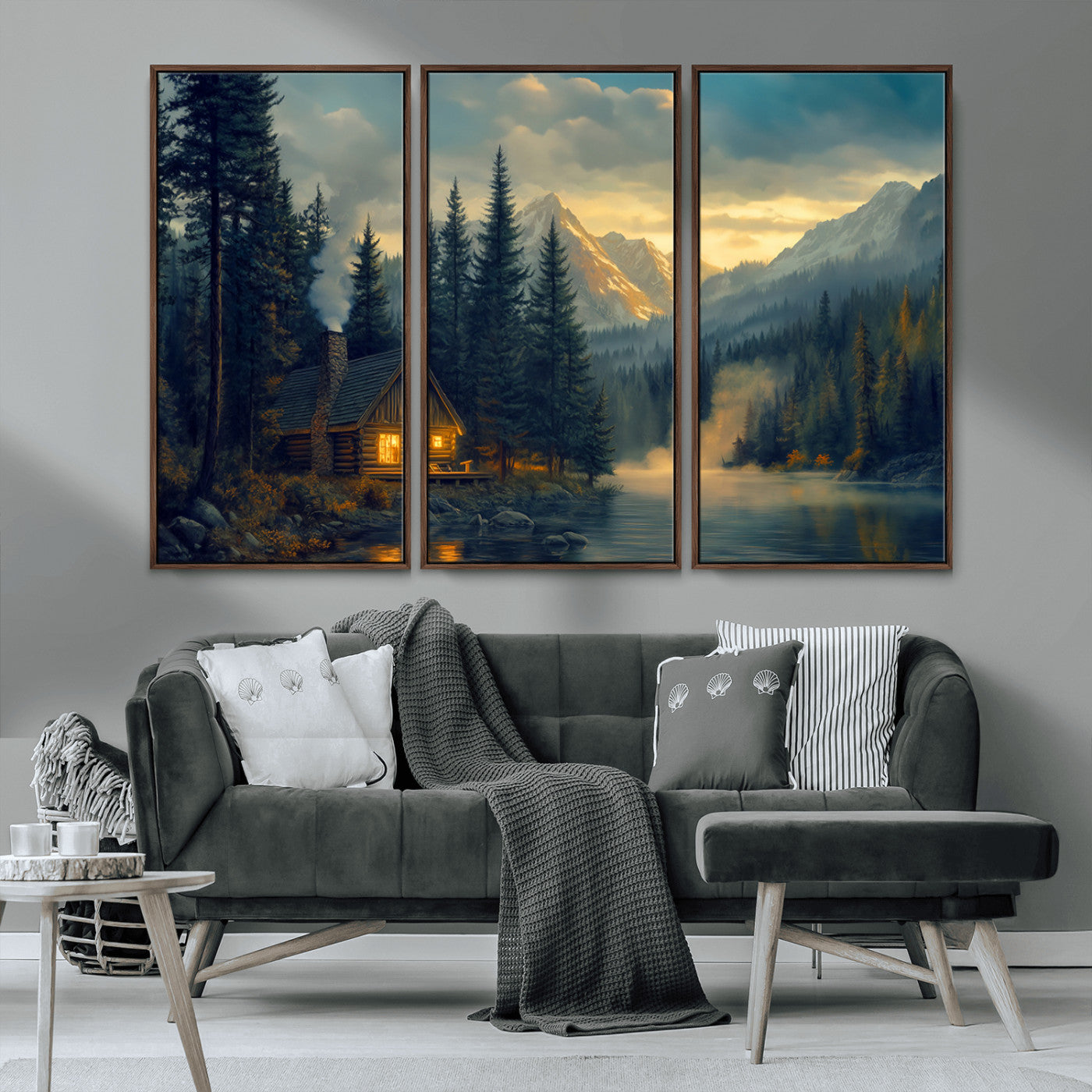 MGV-FC-48X32-3P - Mountain Cabin by the Lake at Sunset Wall Art - Serene Nature Canvas Print for Living Room Decor,