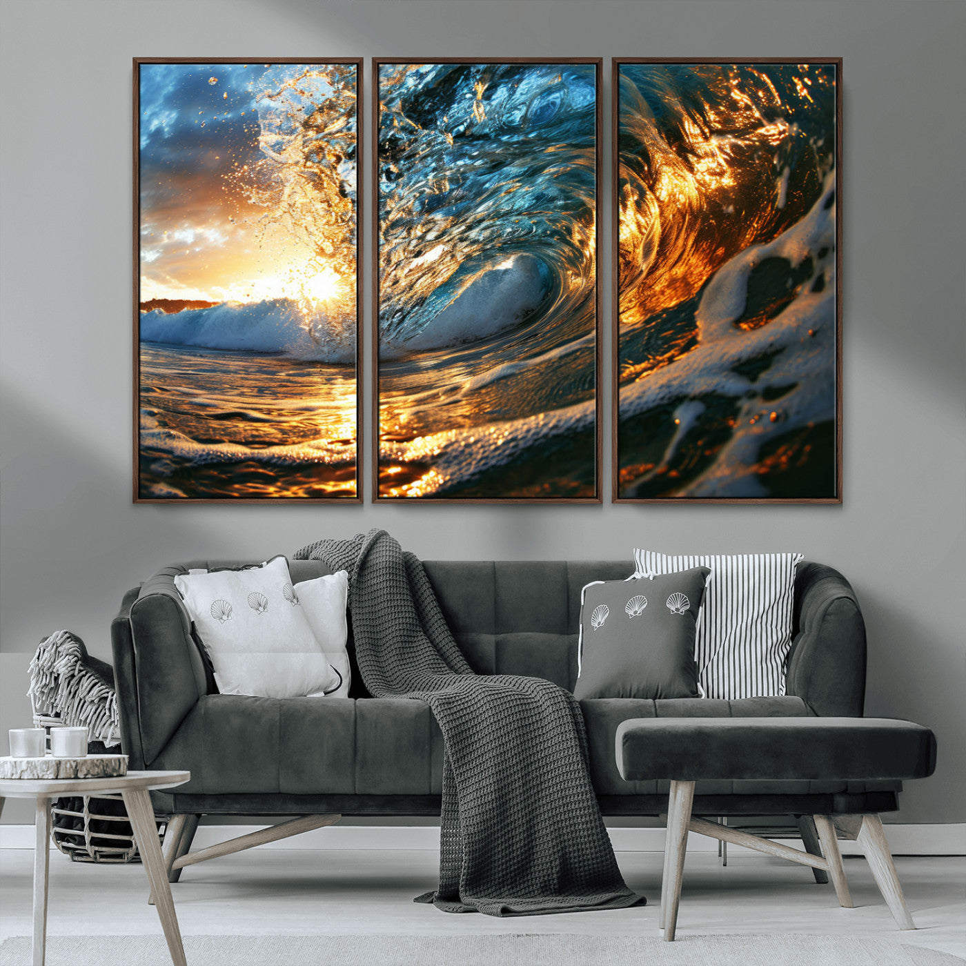 MGV-FC-48X32-3P - Ocean Wave at Sunset Canvas Wall Art – Vibrant Coastal Beach Waves Print, Large Nautical Decor,
