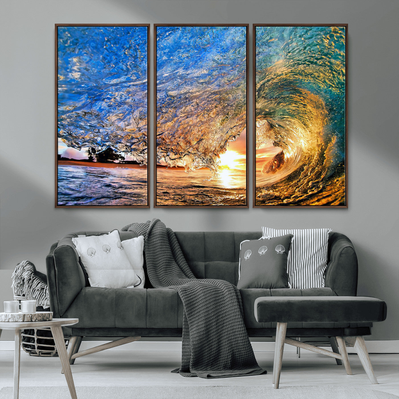 MGV-FC-48X32-3P - Ocean Wave at Sunset Canvas Wall Art – Vibrant Coastal Beach Waves Print, Large Nautical Decor,