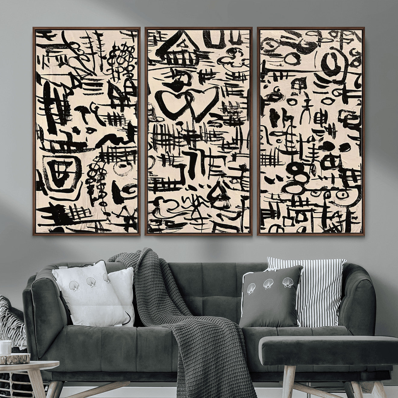 68273-MGV-FC-48X32-3P - Abstract Love and Chaos Canvas Print, Black Symbols on Beige