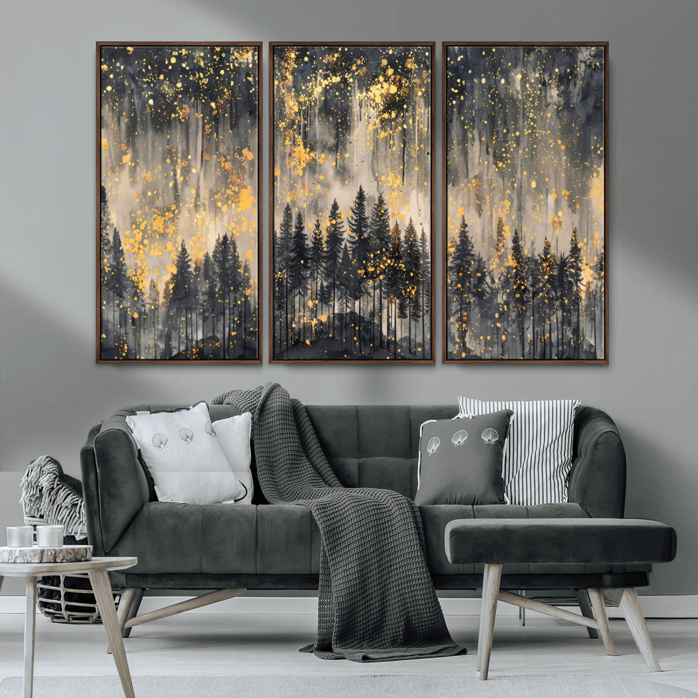 MGV-FC-48X32-3P - Golden Forest Abstract Wall Art | Dark Forest with Gold Splatter Accents | Triptych Ready to Hang