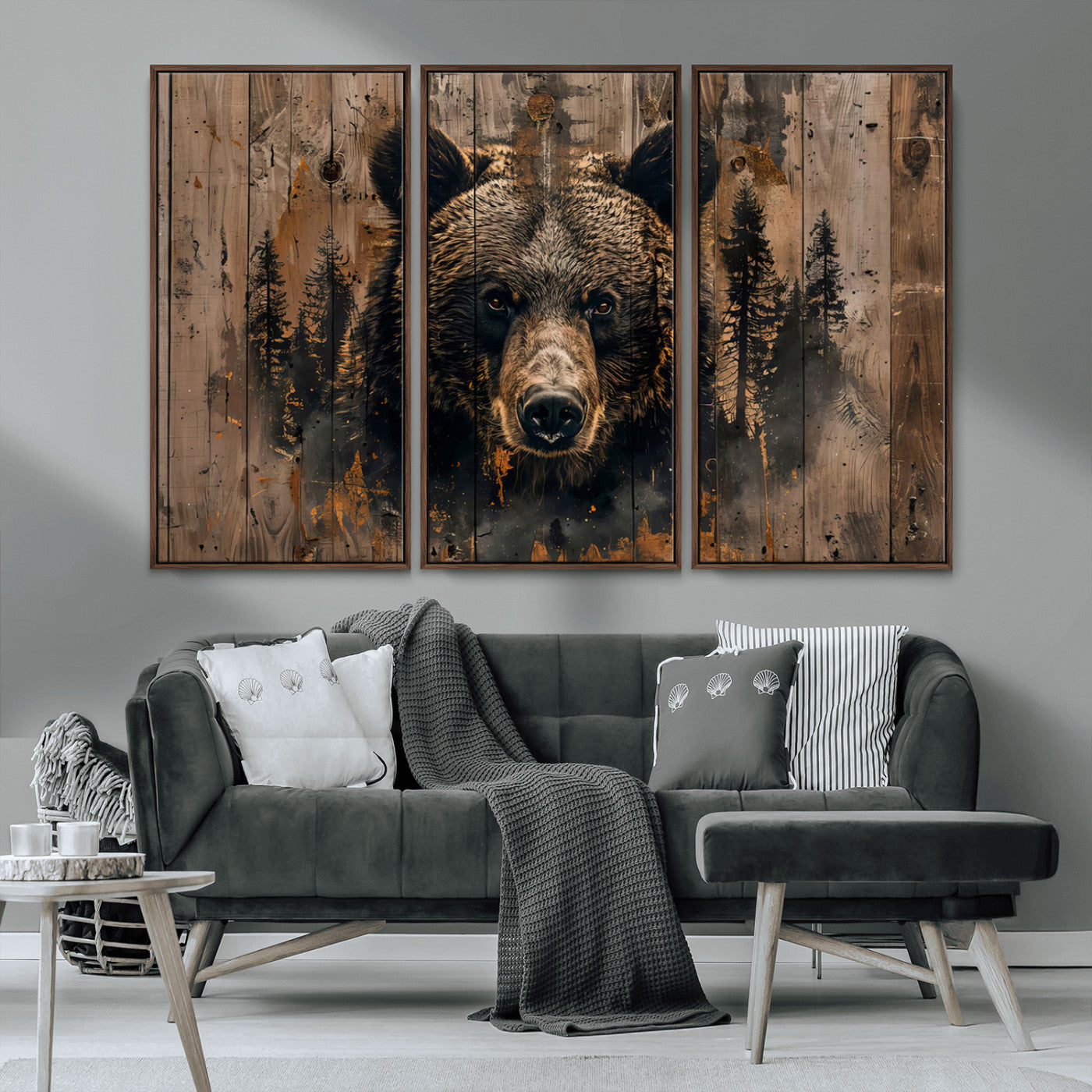 MGV-FC-48X32-3P - Rustic Grizzly 399 Wall Art | Triptych Canvas Print | Rustic Cabin Wall Decor | Perfect for
