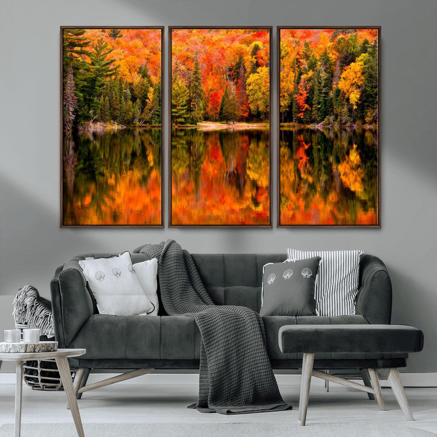 MGV-FC-48X32-3P - Forest Reflection Art | Autumn Forest Reflection Wall Art | Triptych Canvas Print | Vibrant Fall