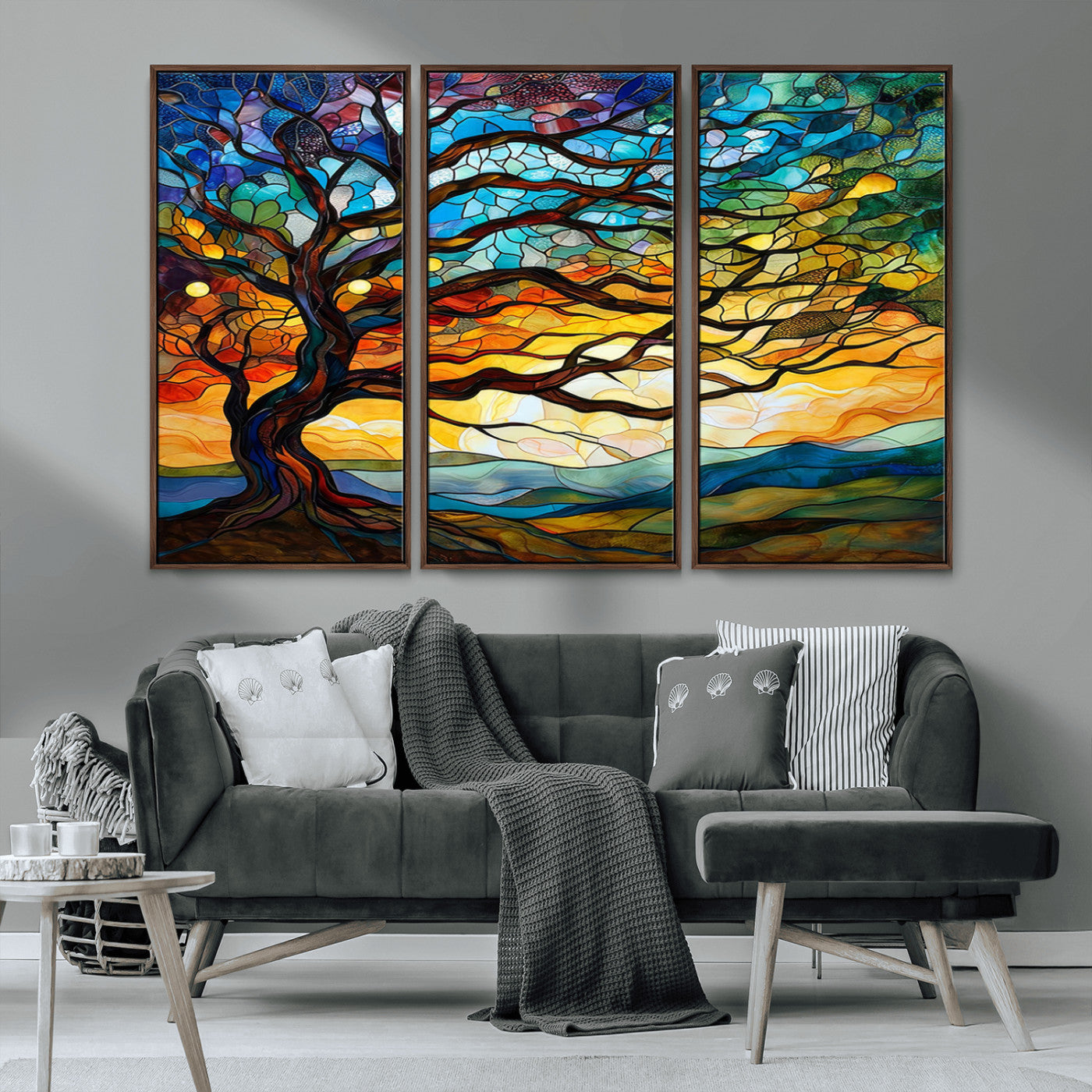 MGV-FC-48X32-3P - Mosaic Tree Wall Art | Ready to Hang Stained Glass Style Canvas Print | Farmhouse Wall Decor, Cabin