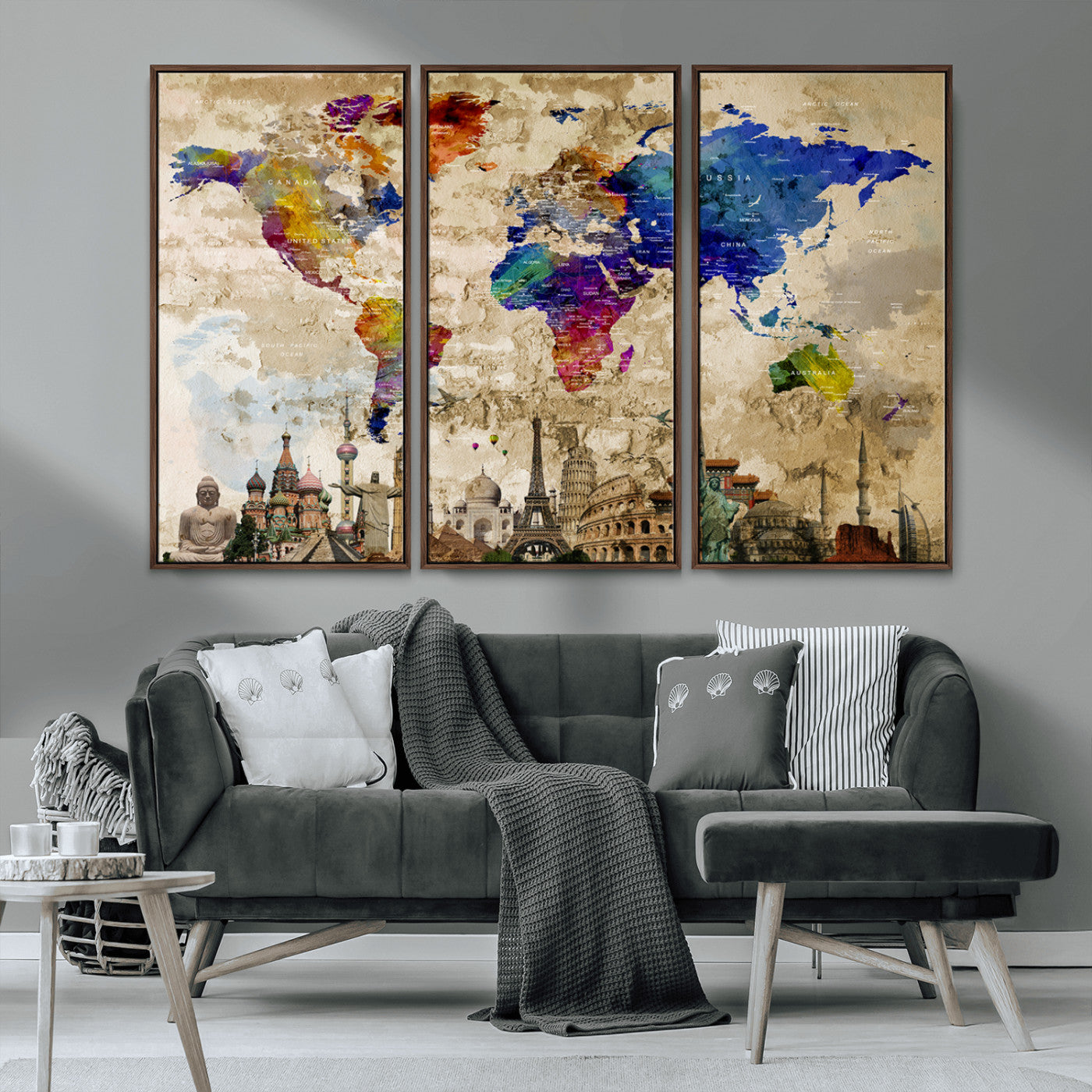 MGV-FC-48X32-3P - Push Pin World Map Canvas Print – Framed Wall Art for Couples to Track Their Travels – Anniversary