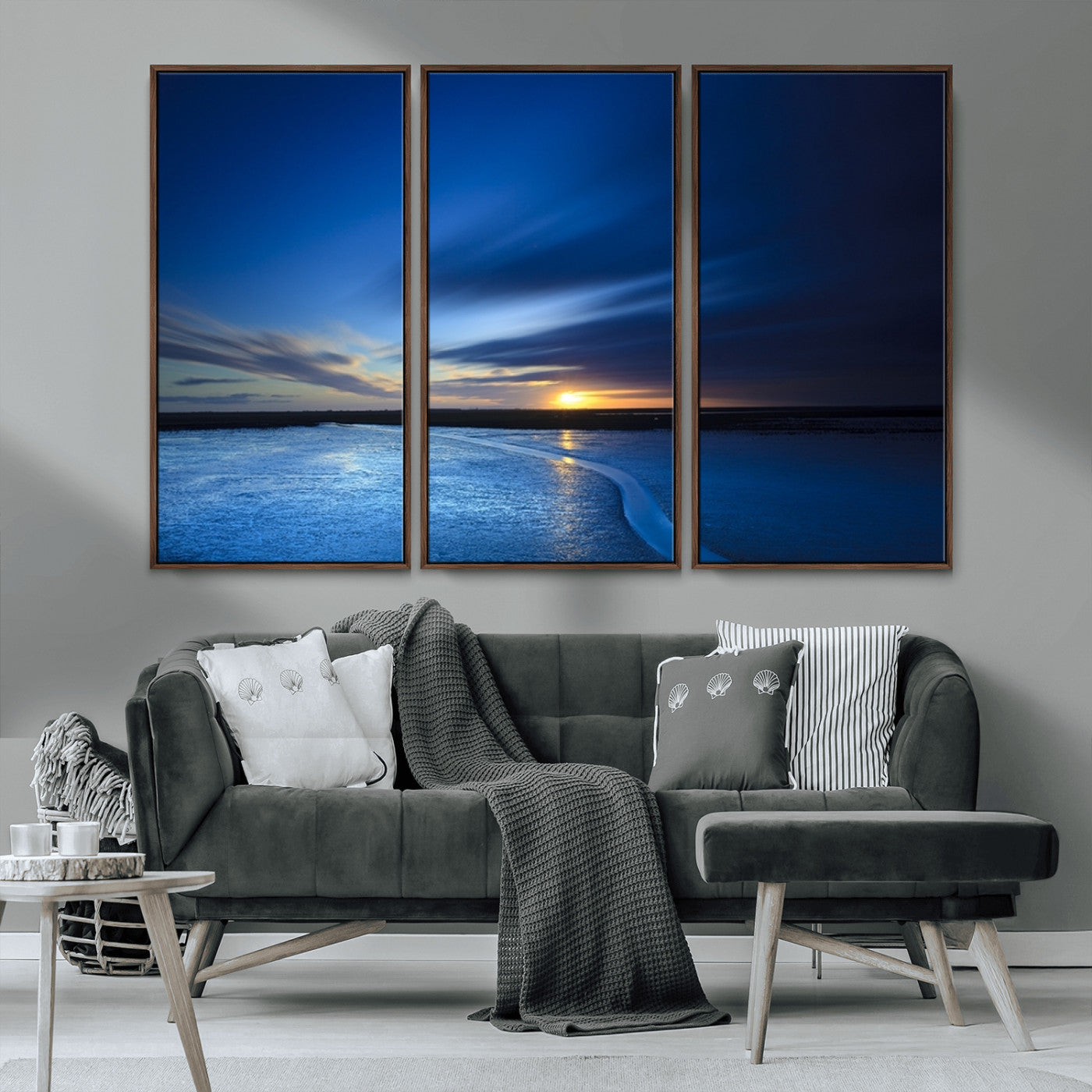 MGV-FC-48X32-3P - Blue Sunset Ocean Canvas Wall Art Print – Serene Coastal Horizon Wall Decor for Home or Office –