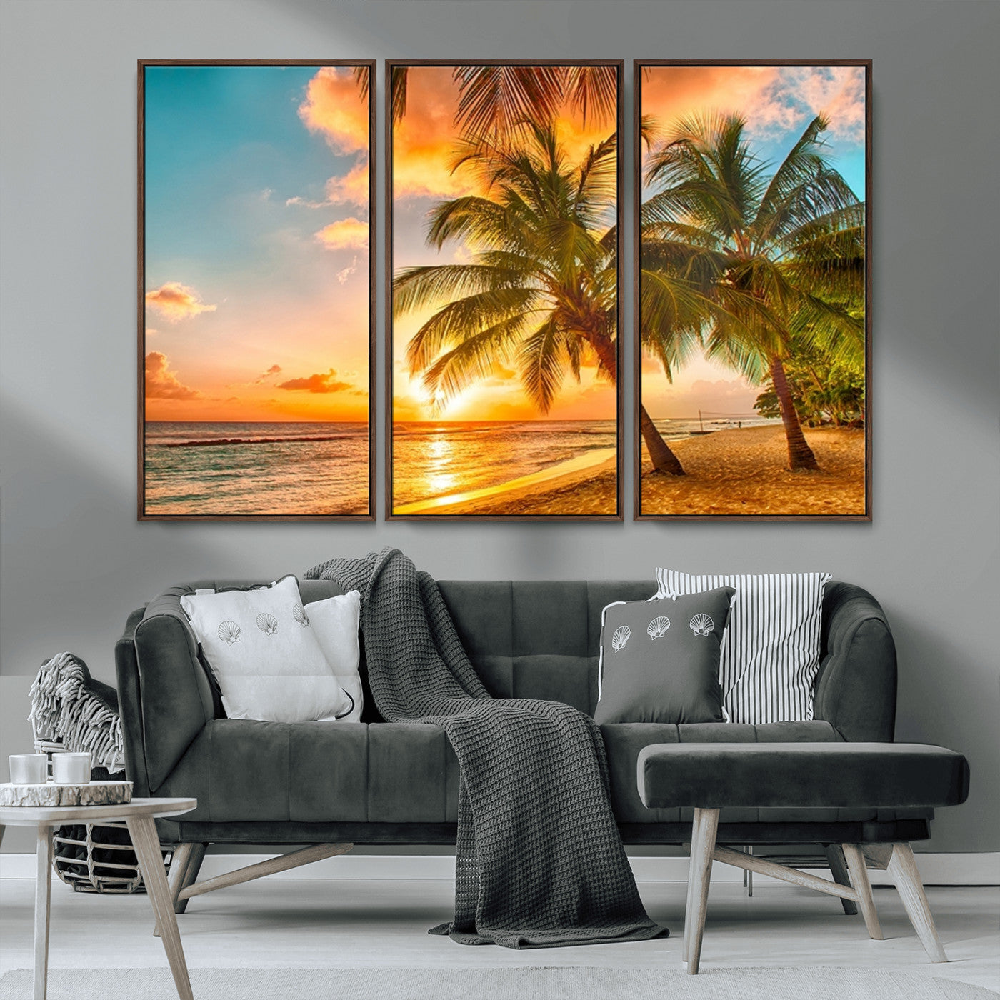MGV-FC-48X32-3P - Tropical Sunset Beach Canvas Wall Art Print – Vibrant Palm Trees and Coastal Sunset Wall Decor for