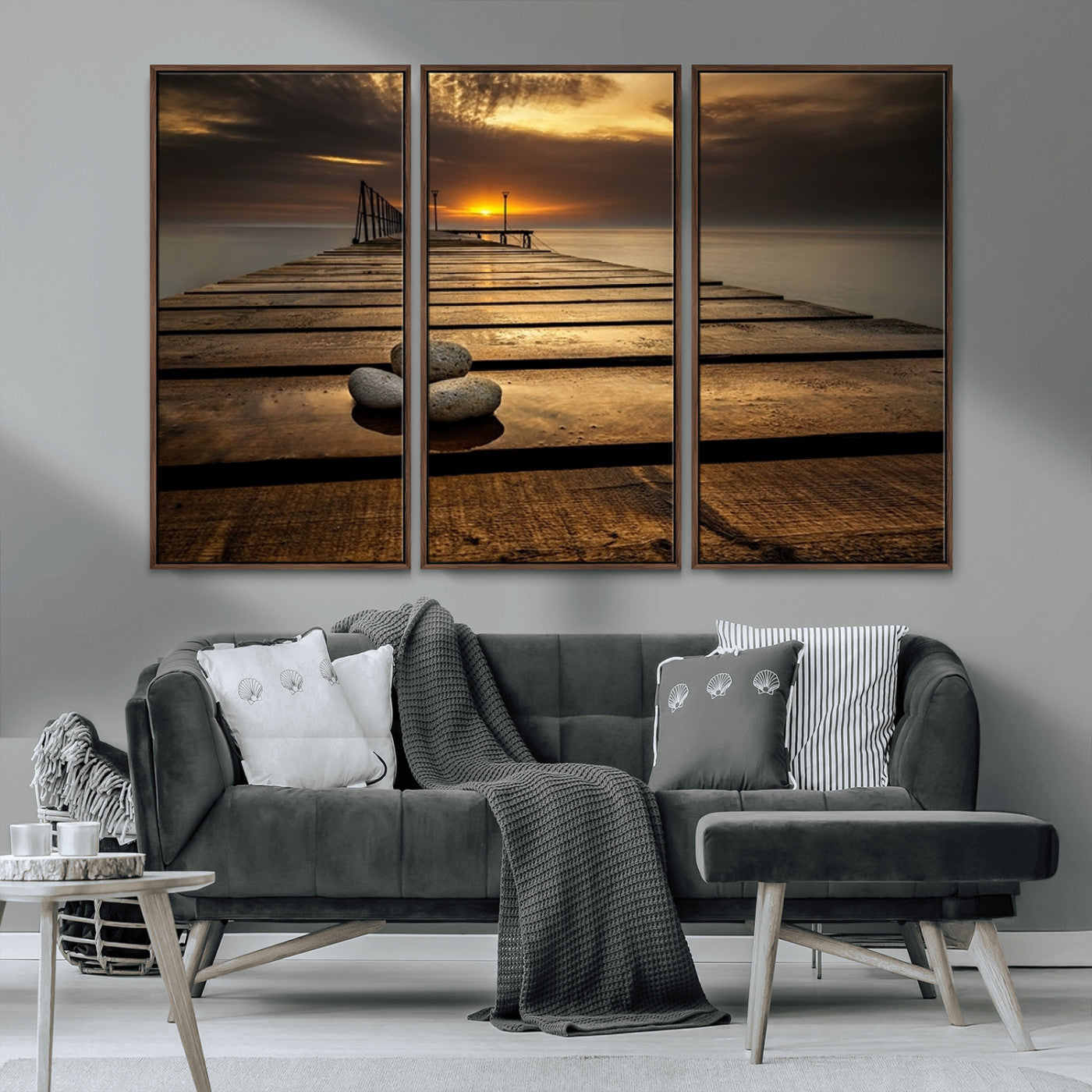 MGV-FC-48X32-3P - Stones on Wooden Pier at Sunset Canvas Print, Serene Coastal Wall Art, Beach Sunset Photography,