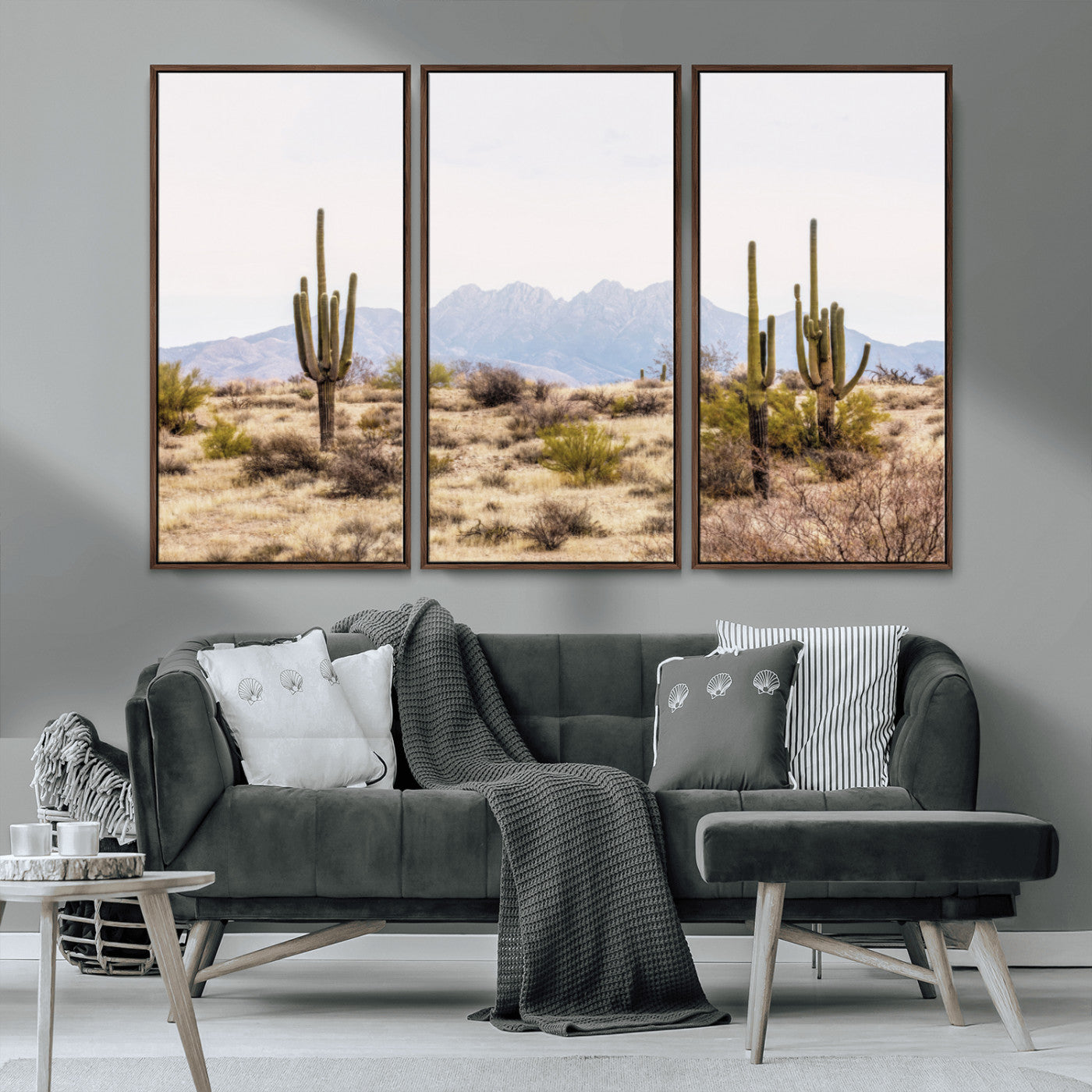 97436-MGV-FC-48X32-3P_Walnut-Desert Cactus Canvas Wall Art – Serene Southwestern Arizona Landscape with Majestic Mountains -