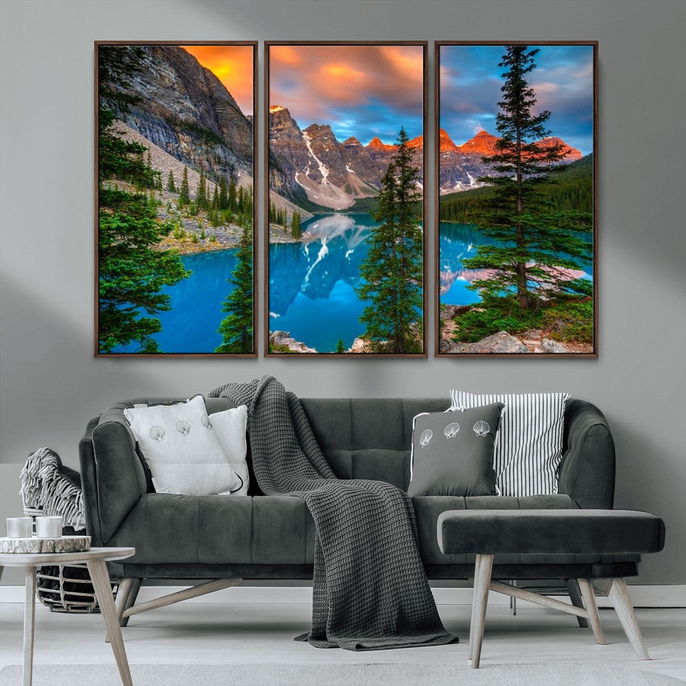 MGV-FC-48X32-3P - Canadian Rockies Moraine Lake Wall Art Canvas Print, Pine Trees Mountain Spring Canvas Print