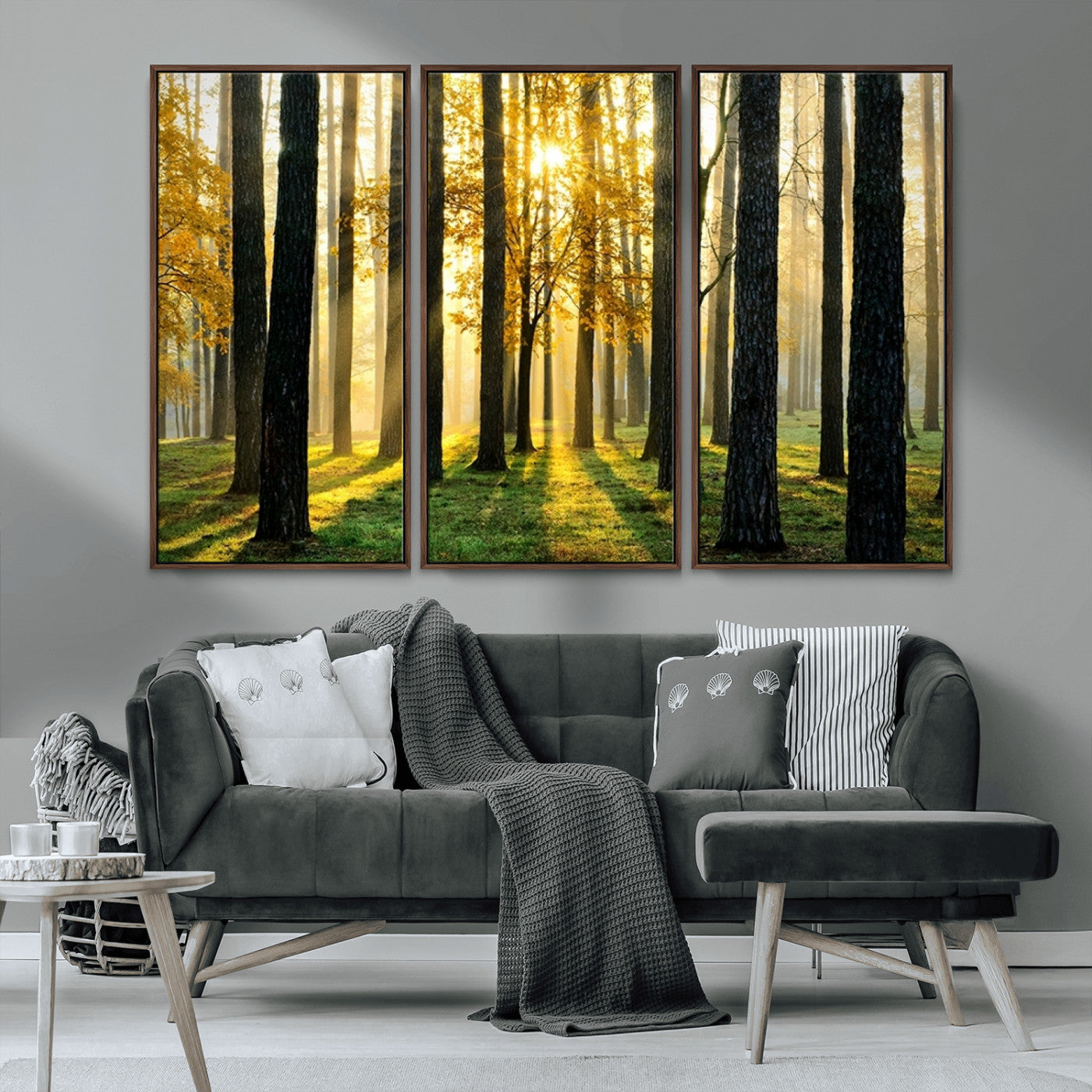 MGV-FC-48X32-3P - Sunlit Forest Canvas Wall Art – Serene Woodland Triptych Landscape Print – Nature-Inspired Decor for