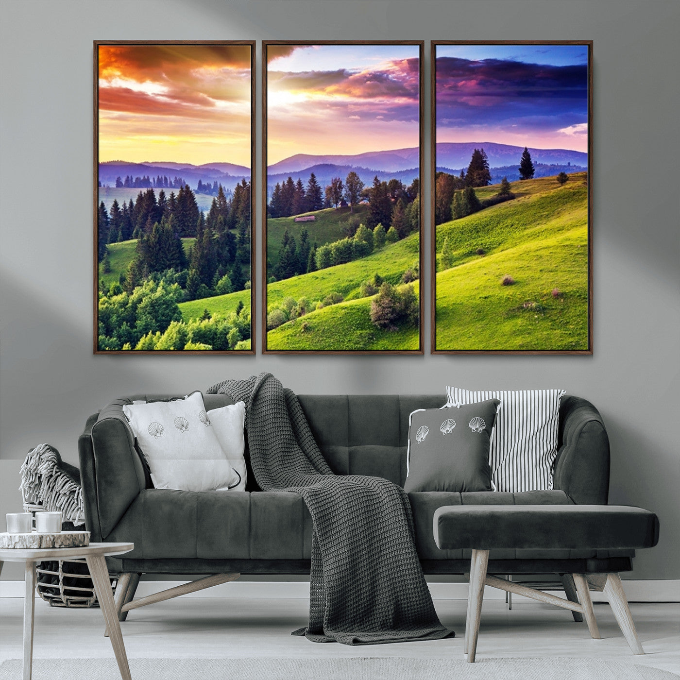 MGV-FC-48X32-3P - Green Hills and Sunset Wall Art Print - Scenic Landscape with Lush Greenery and Vibrant Sky, Ready