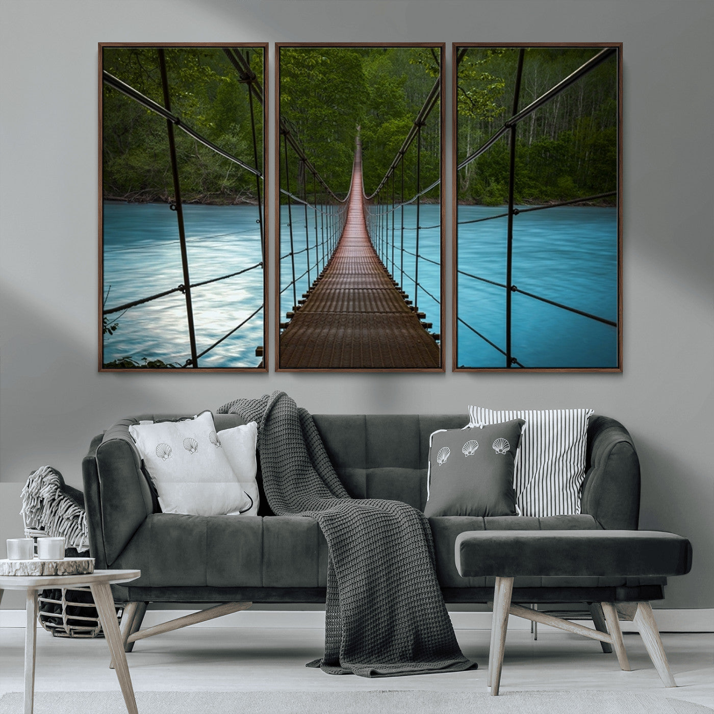 MGV-FC-48X32-3P - Suspension Bridge Over River Canvas Art | 3-Panel Nature Photography | Scenic Wall Art for Living