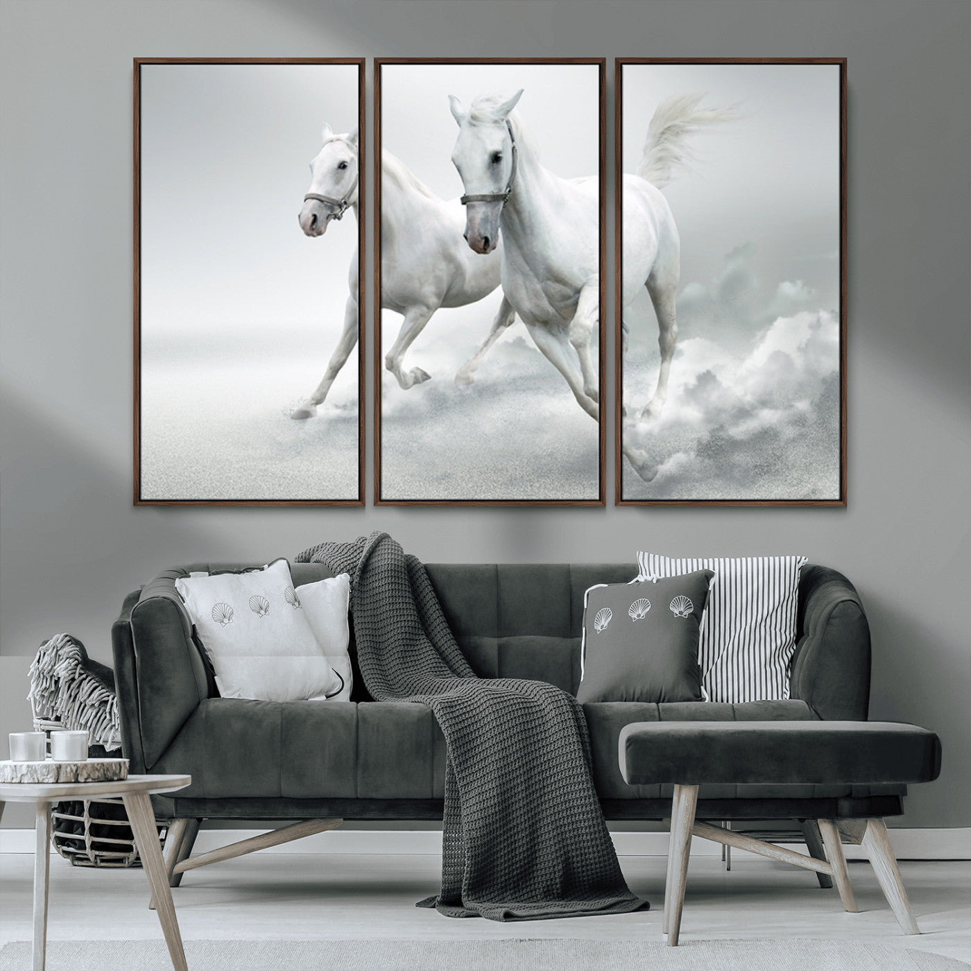 MGV-FC-48X32-3P - Large Wall Art Animal Canvas Print - Beautiful Running White Horses