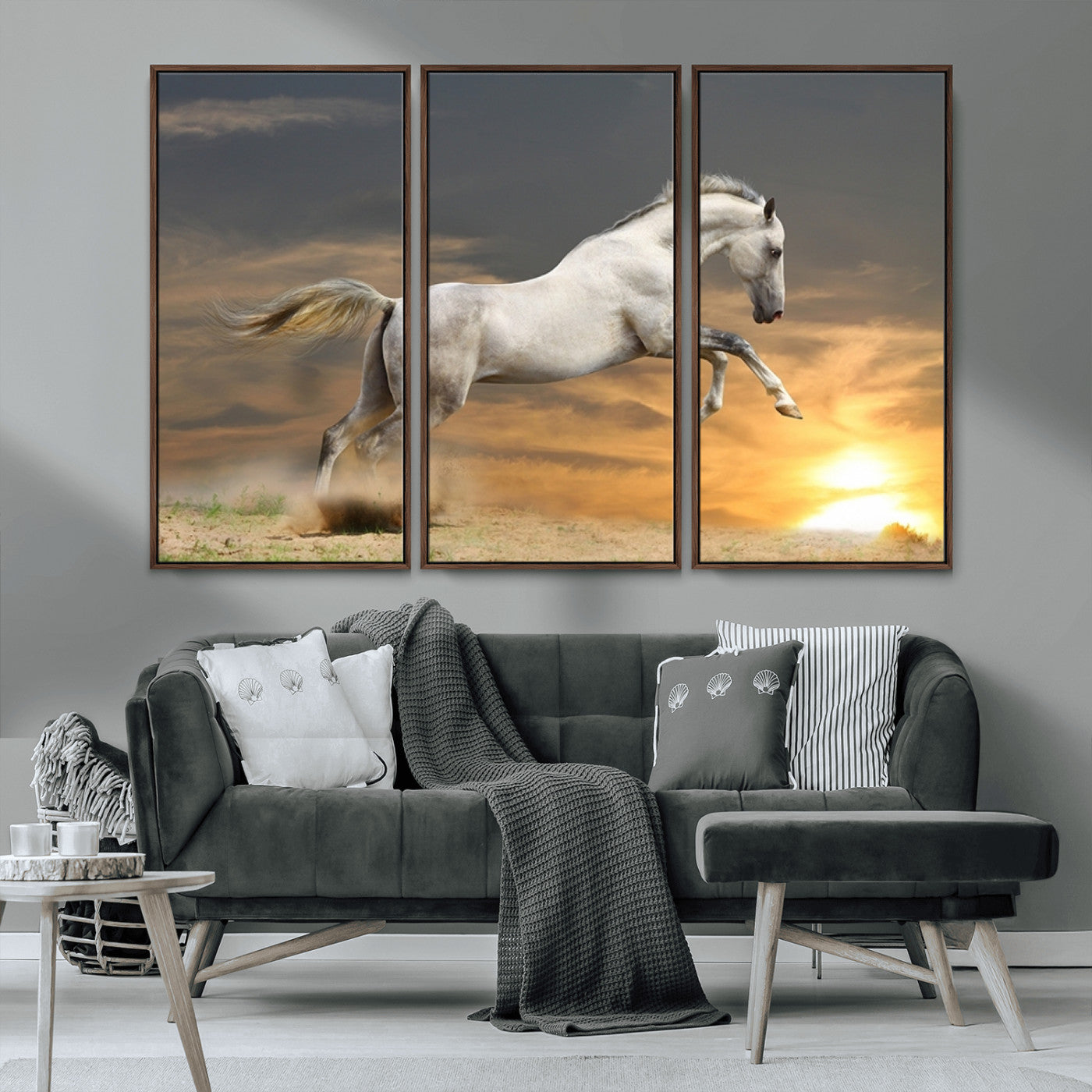 MGV-FC-48X32-3P - Large Wall Art Animal Canvas Print - White Jumping Horse at Sunset