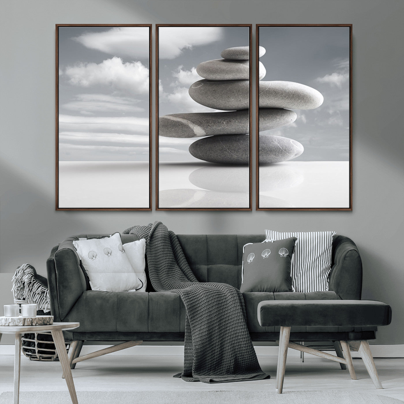 MGV-FC-48X32-3P - Still Life Black and White Zen Stones Wall Art Canvas, Framed Black and White Zen Stones Canvas